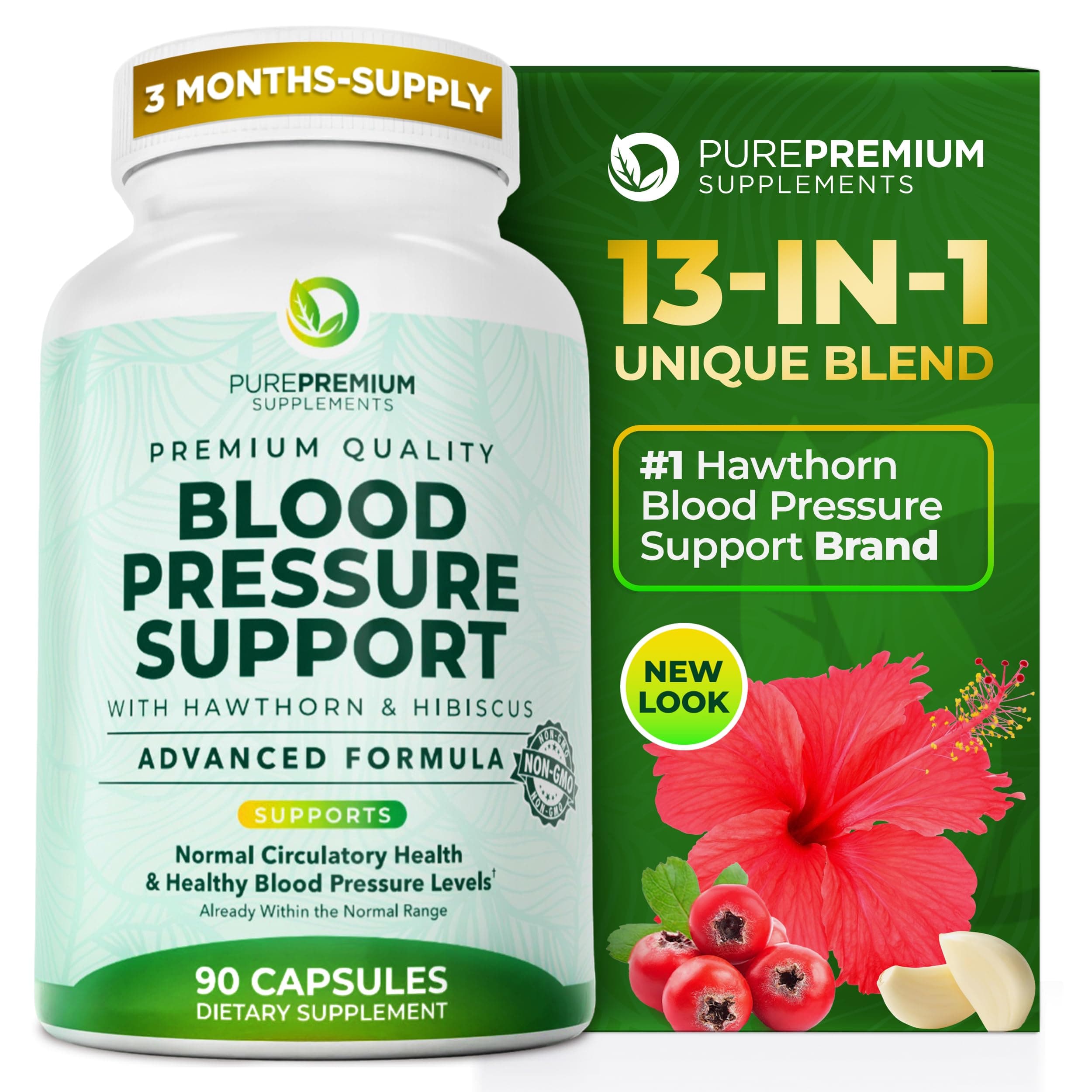 Blood Pressure Support Supplement with Hawthorn & Hibiscus (90 Caps)