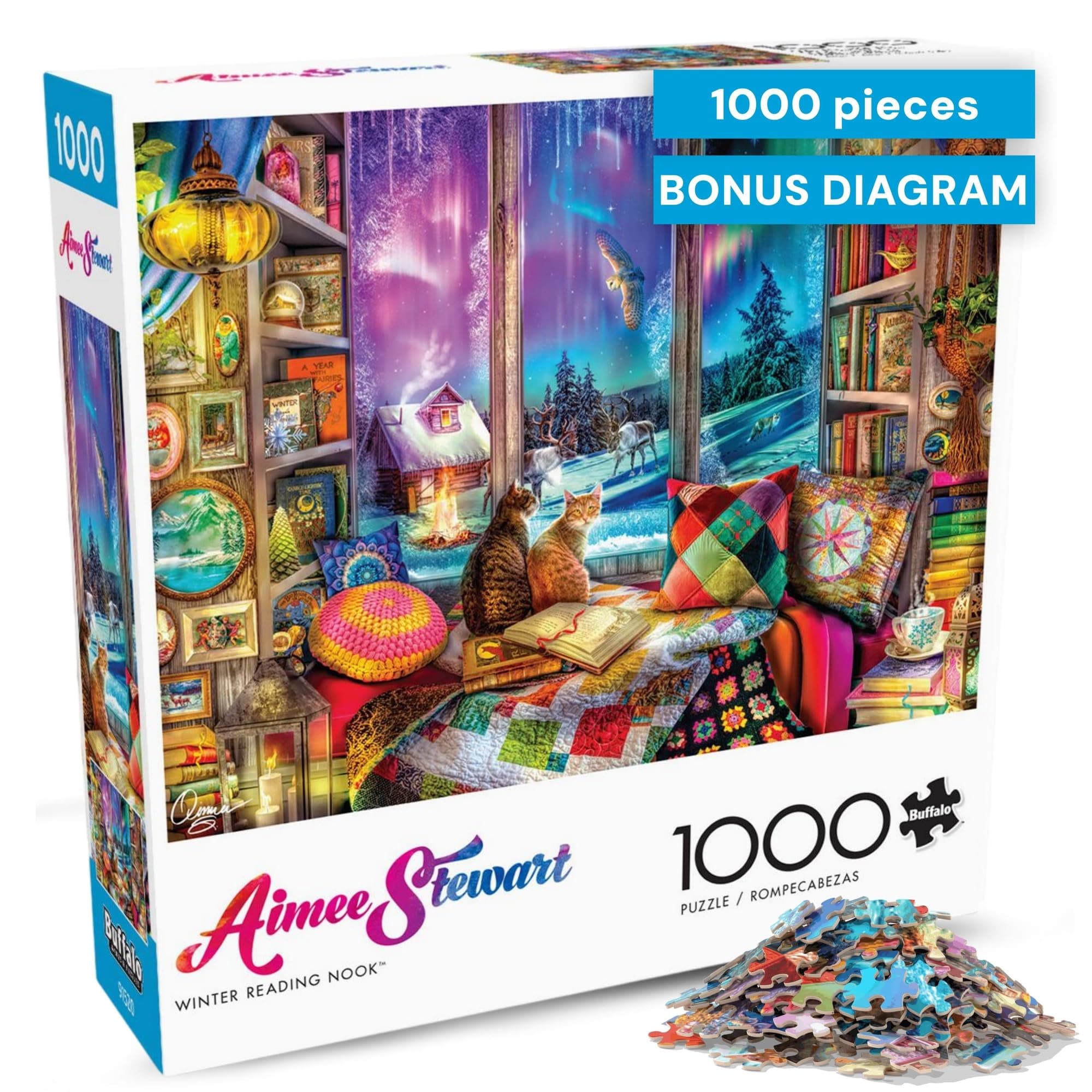 Aimee Stewart's Northern Lights Cats Winter Scene 1000 Piece Jigsaw Puzzle for Adults Made in USA