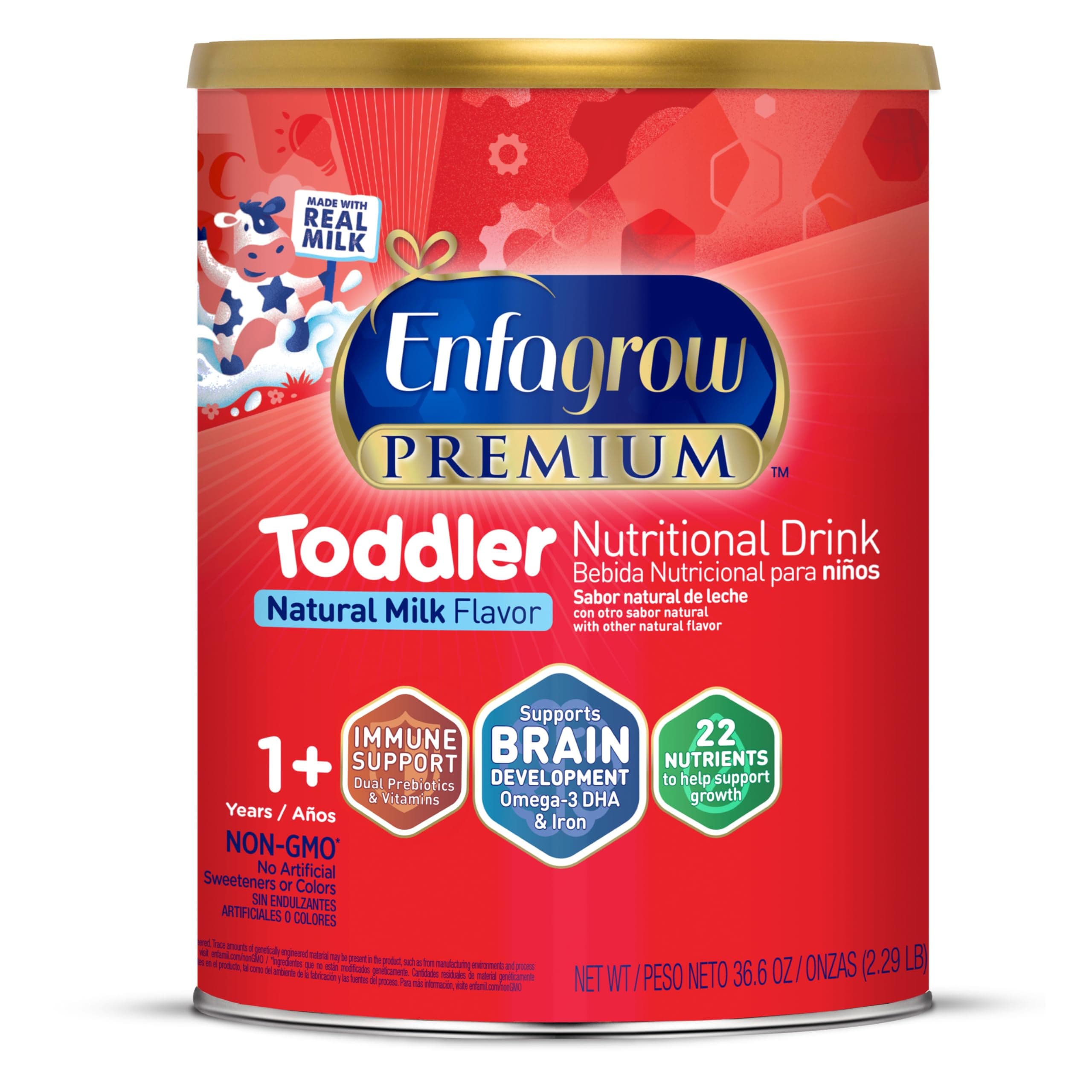 Enfagrow Premium Toddler Nutritional Drink, Omega-3 DHA for Brain Support, Prebiotics & Vitamins for Immune Health, Non-GMO, Powder Can, 36.6 Oz