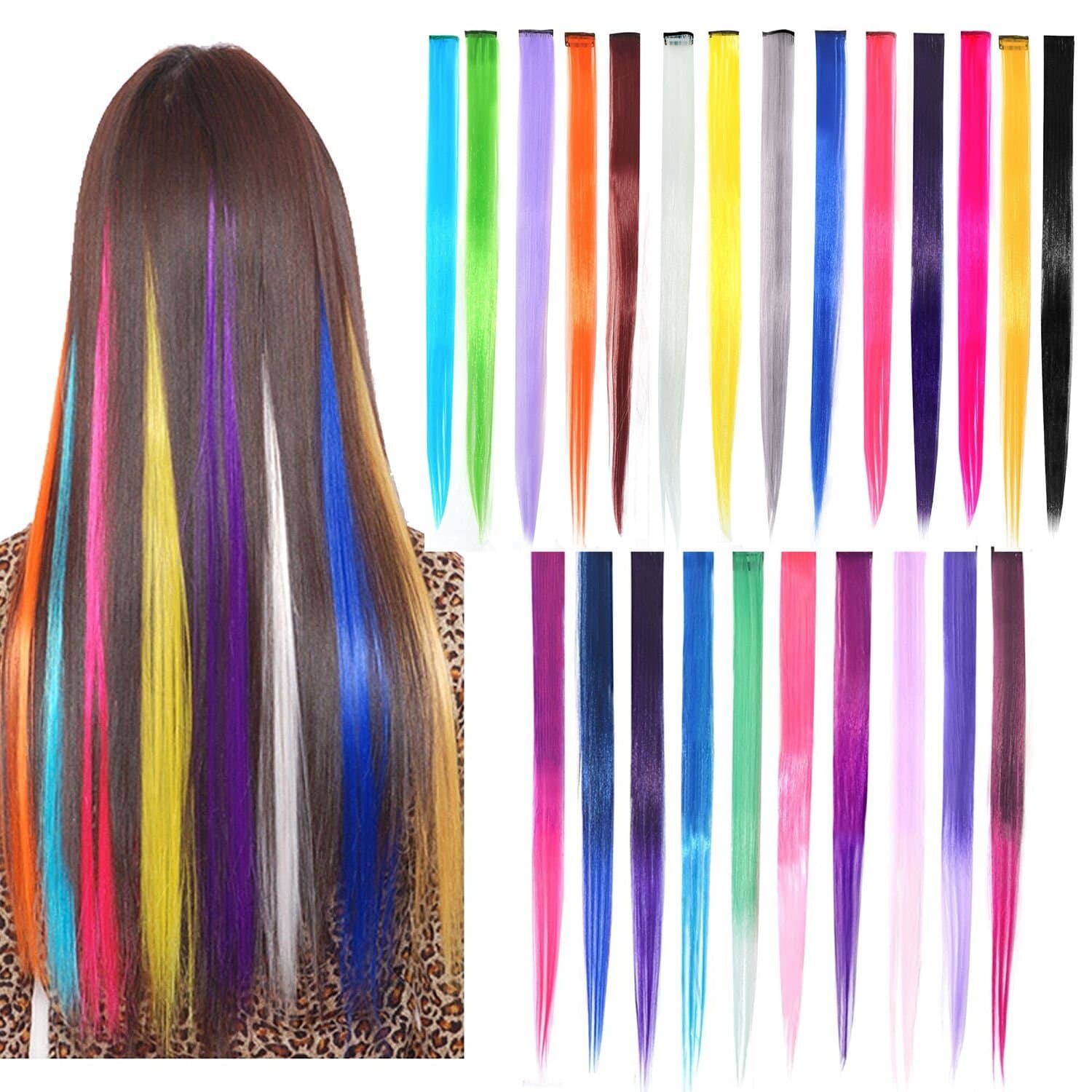 24pcs Rainbow Hair Extensions, Clip in Hair Extensions 22" Gradient Color Straight and Curly Fashion Hairpieces Rainbow Hair Extensions Party Highlights Colorful Clip In Synthetic Hair Extensions