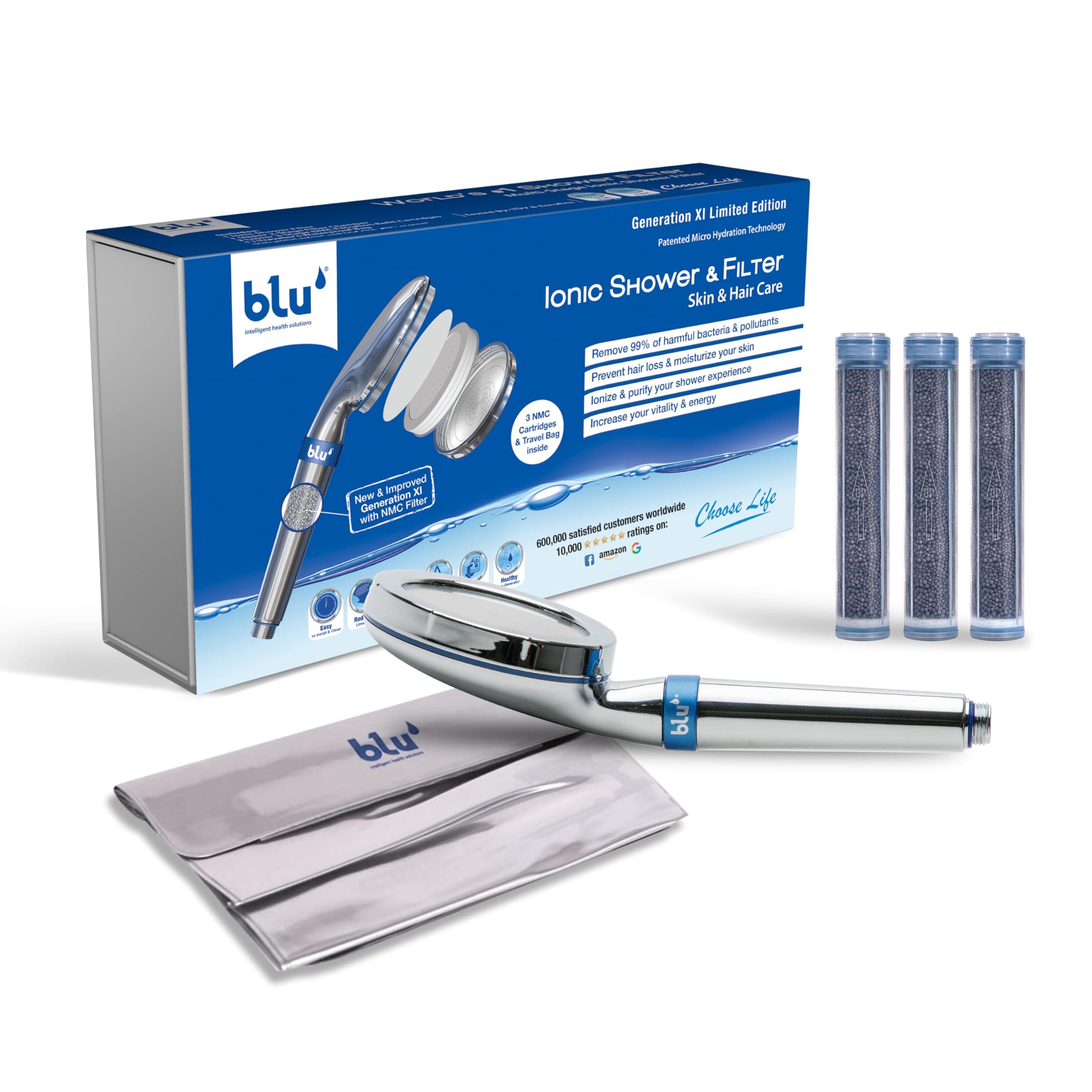 Blu Ionicシャワーフィルター - スキン&ヘアケア - 塩素と有害な汚染物質を除去 - 抜け毛を防ぎ、肌に潤いを与えます - ハンドヘルド - クロム
