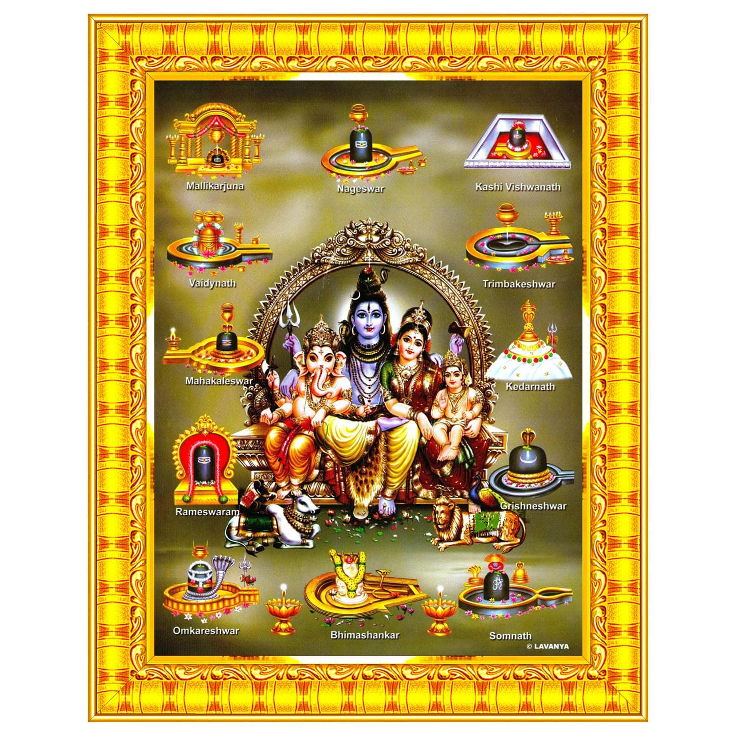 Shiv Parivar Family Siva Parvati Jyotirling Wall Painting Framed Home Decor (Wood,Matte,Gold,Big Size,10 x 12 Inch) R143M