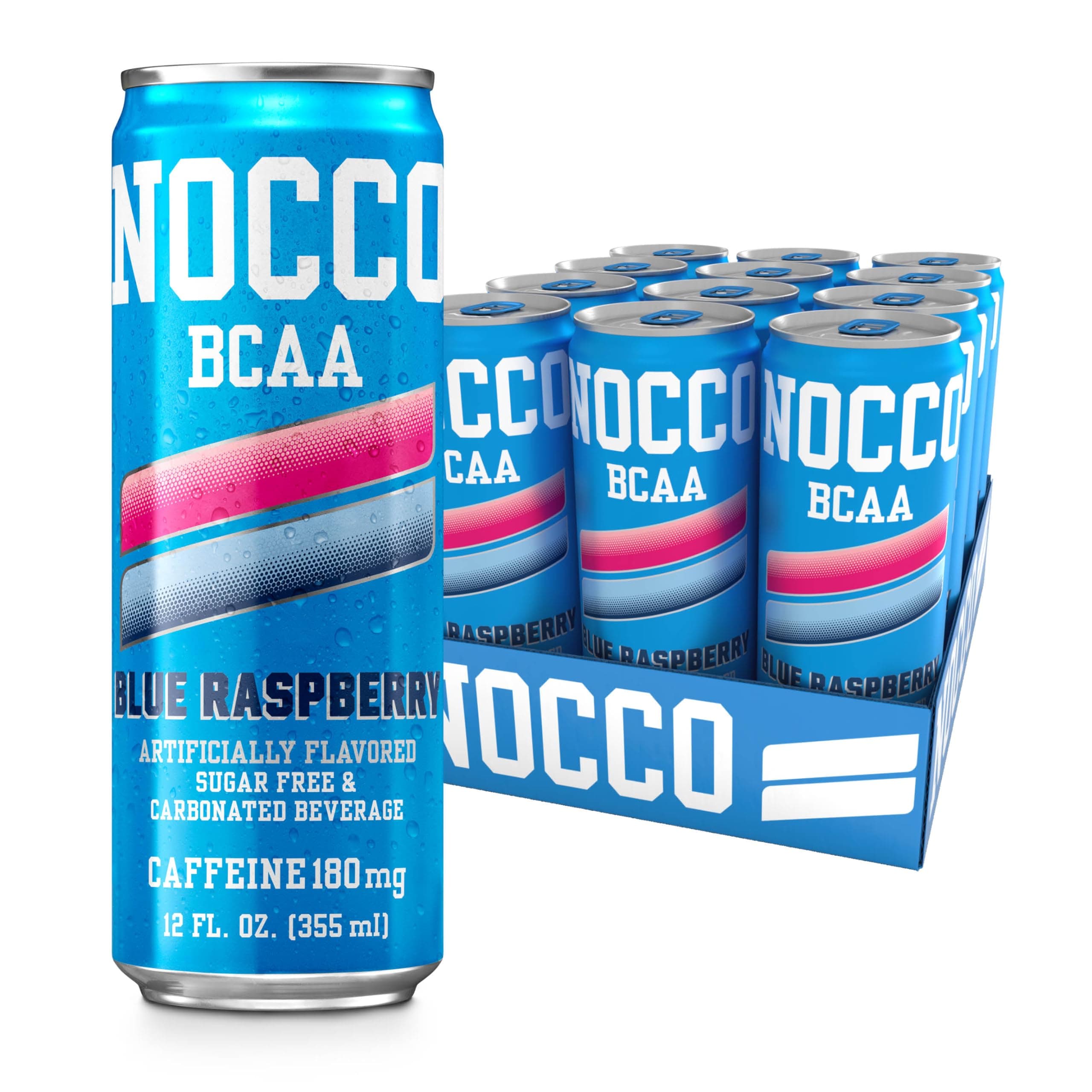 NOCCO BCAA Energy Drink Blue Raspberry - 12 Fl Oz (Pack of 12) - 180mg of Caffeine, Sugar Free Energy Drinks - Carbonated & Low Calorie, BCAAs, Vitamin B6, B12, & Biotin - Grab & Go Performance Drink