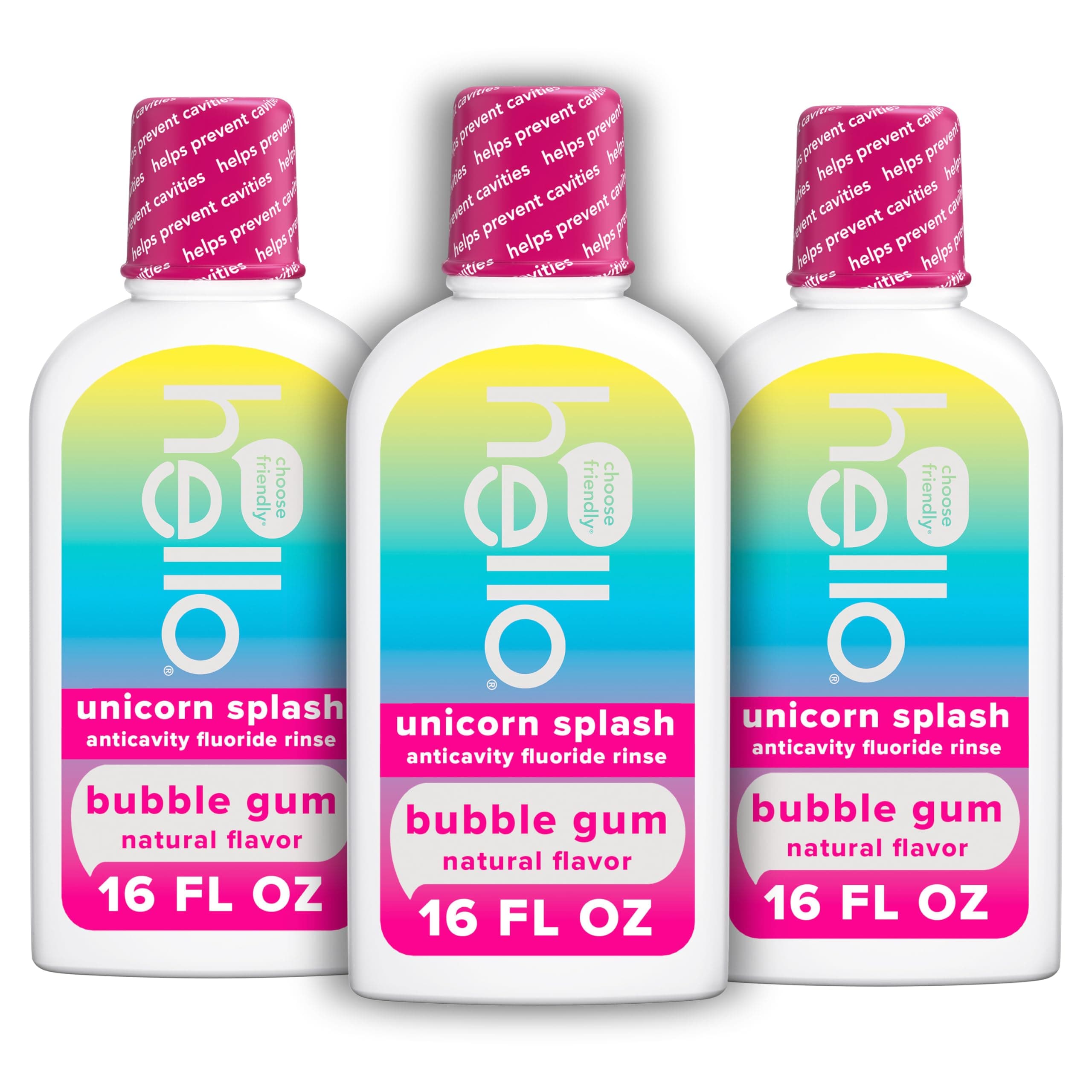 Hello Kids Mouthwash with Unicorn Bubble Gum Flavor, Alcohol Free Mouthwash for Kids with Fluoride, Safe for Ages 6 and Up, Anticavity, Vegan, No Alcohol, No Dyes, 16 Oz Bottles (Pack of 3)