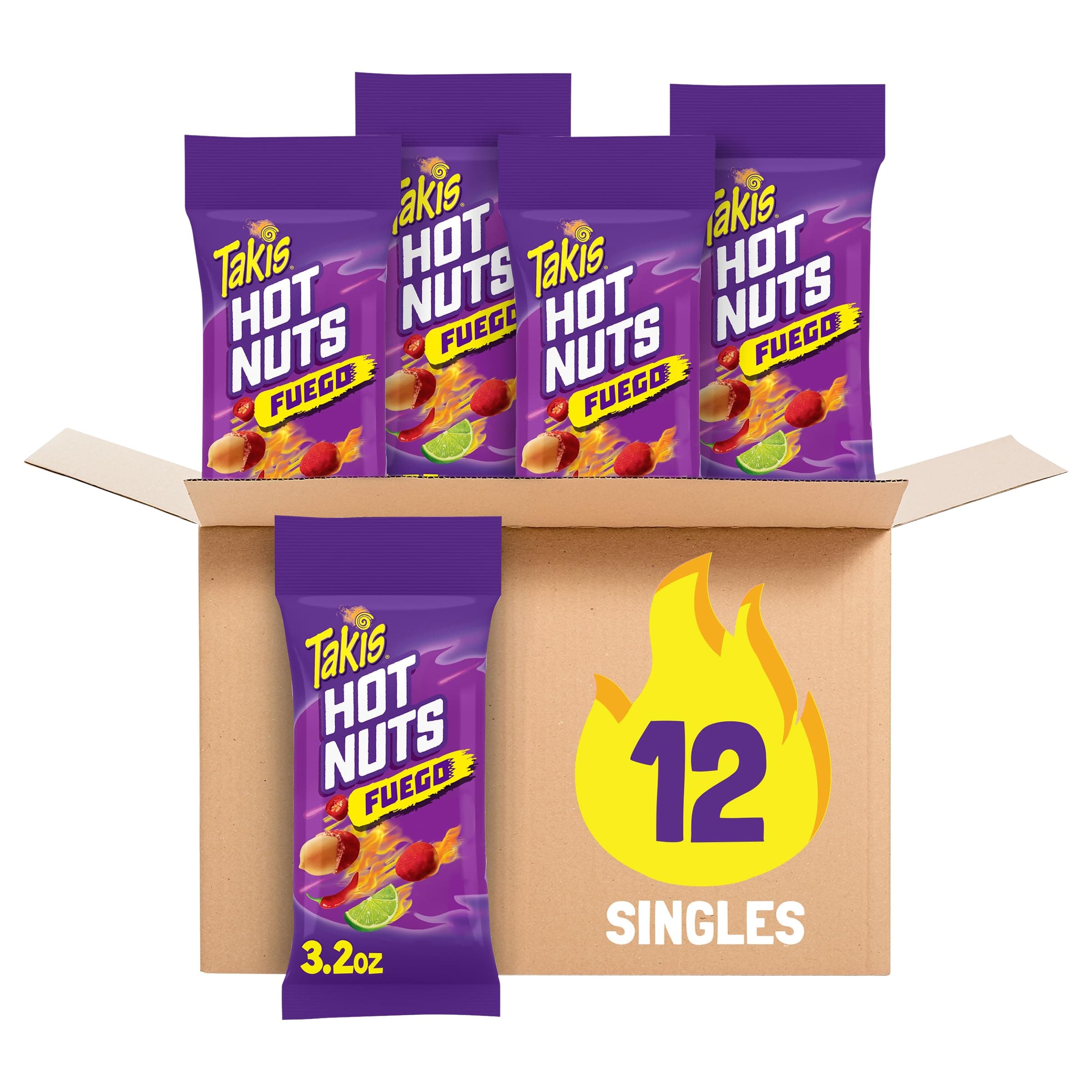Fuego Hot Nuts 12 pc / 3.2 oz Snack Size Box, Hot Chili Pepper & Lime Flavored Extreme Spicy Double-Crunch Peanuts