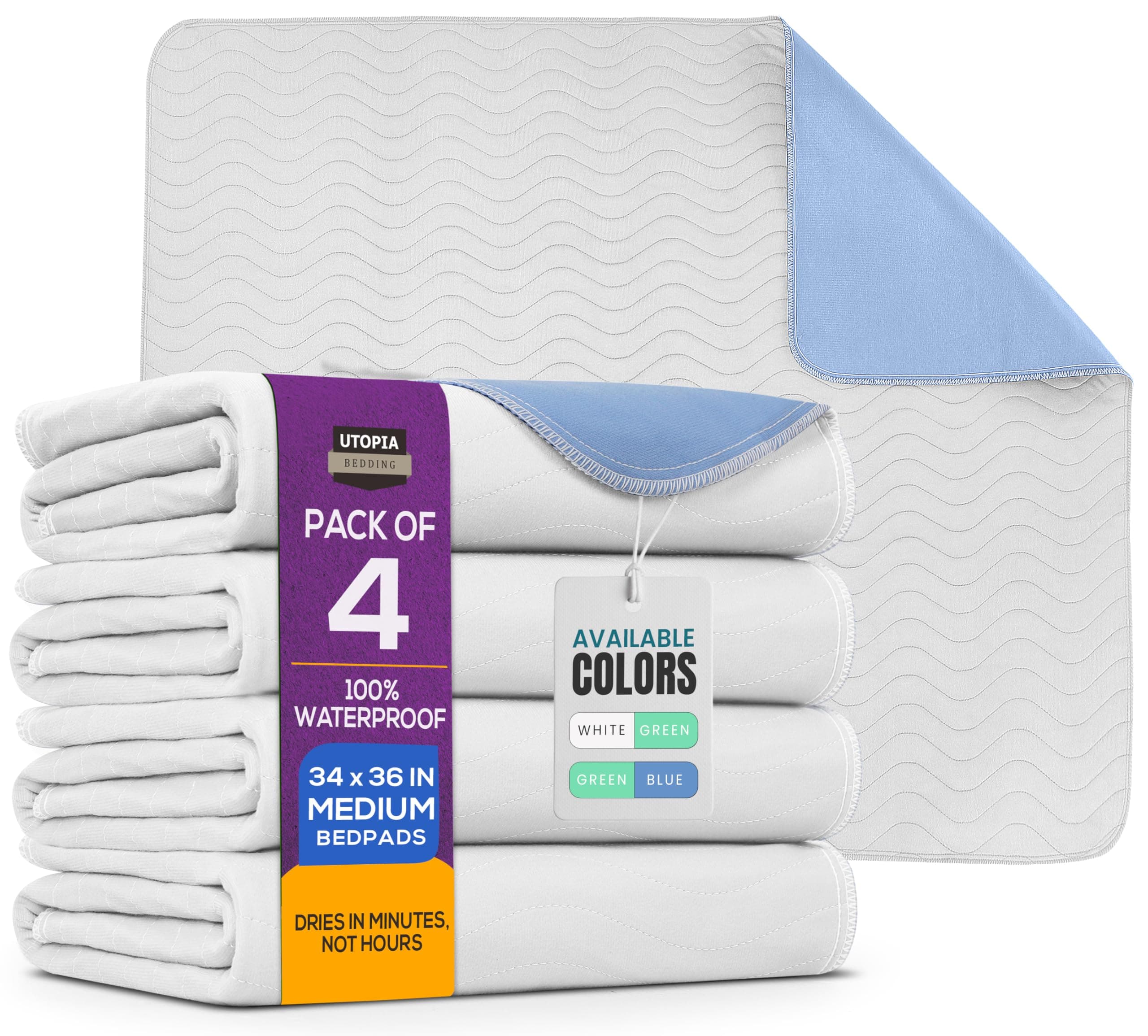 Utopia Bedding (Pack of 4) Waterproof Incontinence Pads Quilted Washable & Absorbent Bed Pad for Adults and Kids 34 x 36 inches (White/Blue)