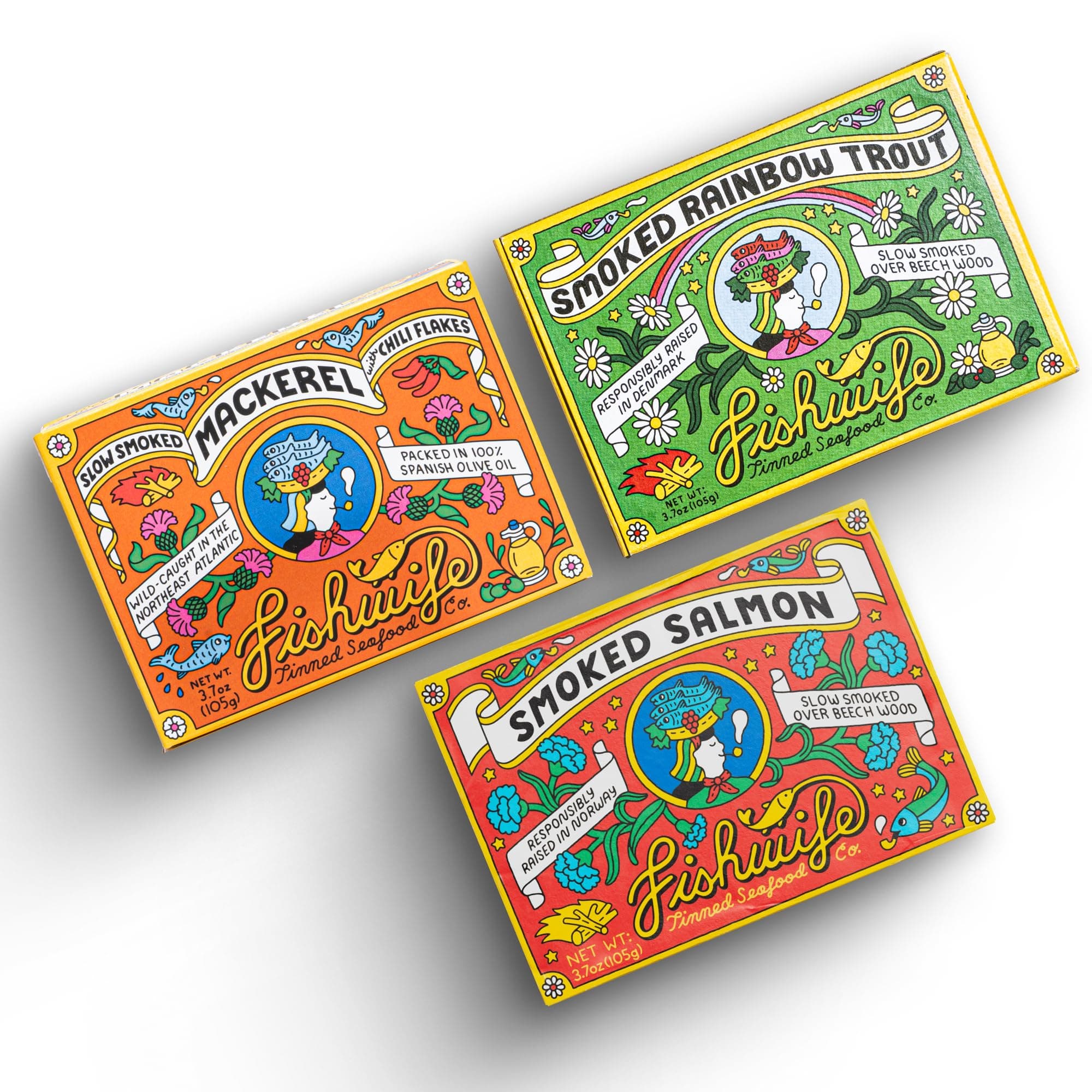 Fishwife スモーキートリオ 3個パック (スモークレインボートラウス、スモークアトランティックサーモン、スモークアルバコアマグロ) | MSC認定の持続可能なシーフード グルテンフリー | BPAフリー缶でハンドパック