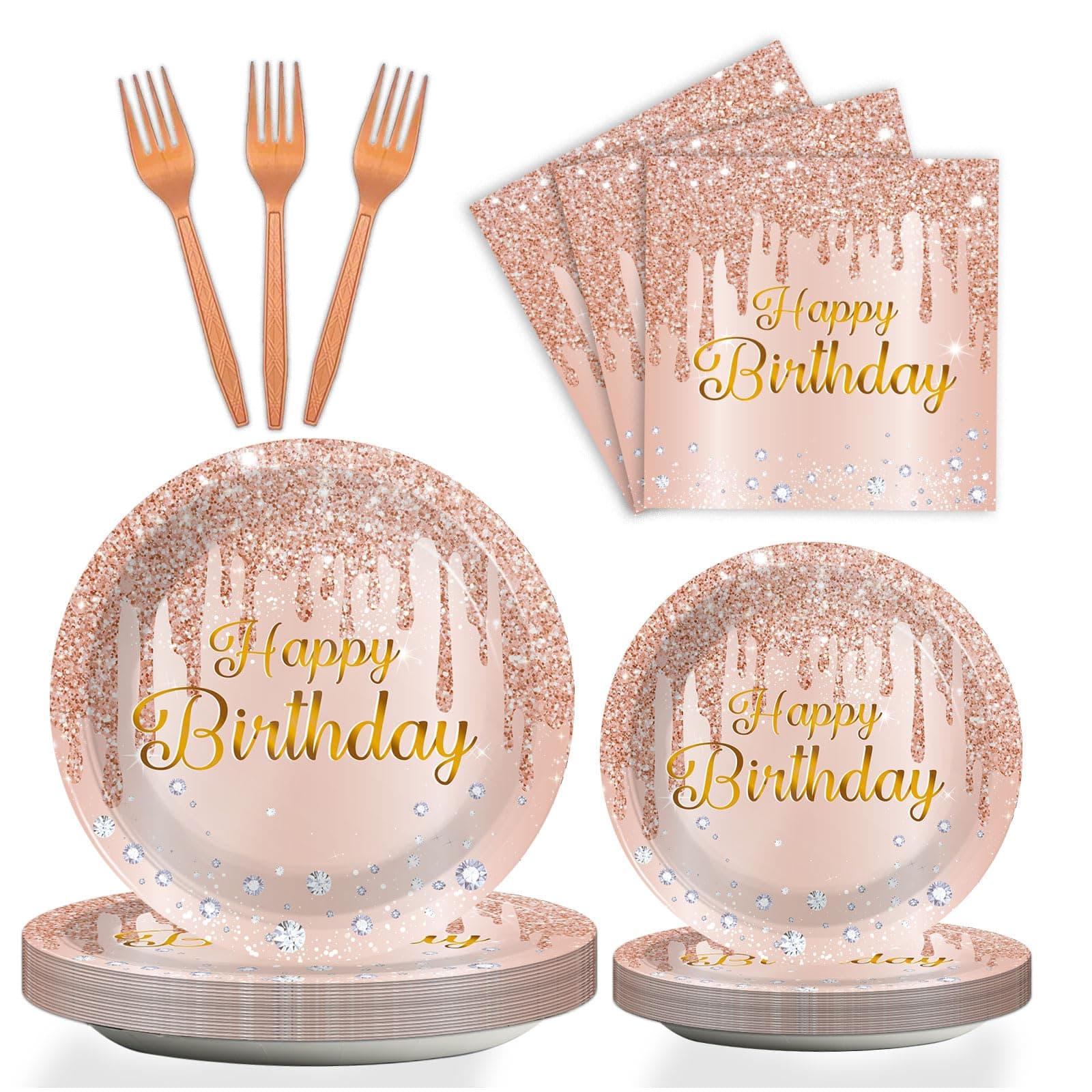 ZOIIWA 96 Pieces Happy Birthday Tableware Set for Pink Rose Gold Table Decorations Supplies Dessert Plates Napkins Forks Women 24 Guests Disposable Party Favors