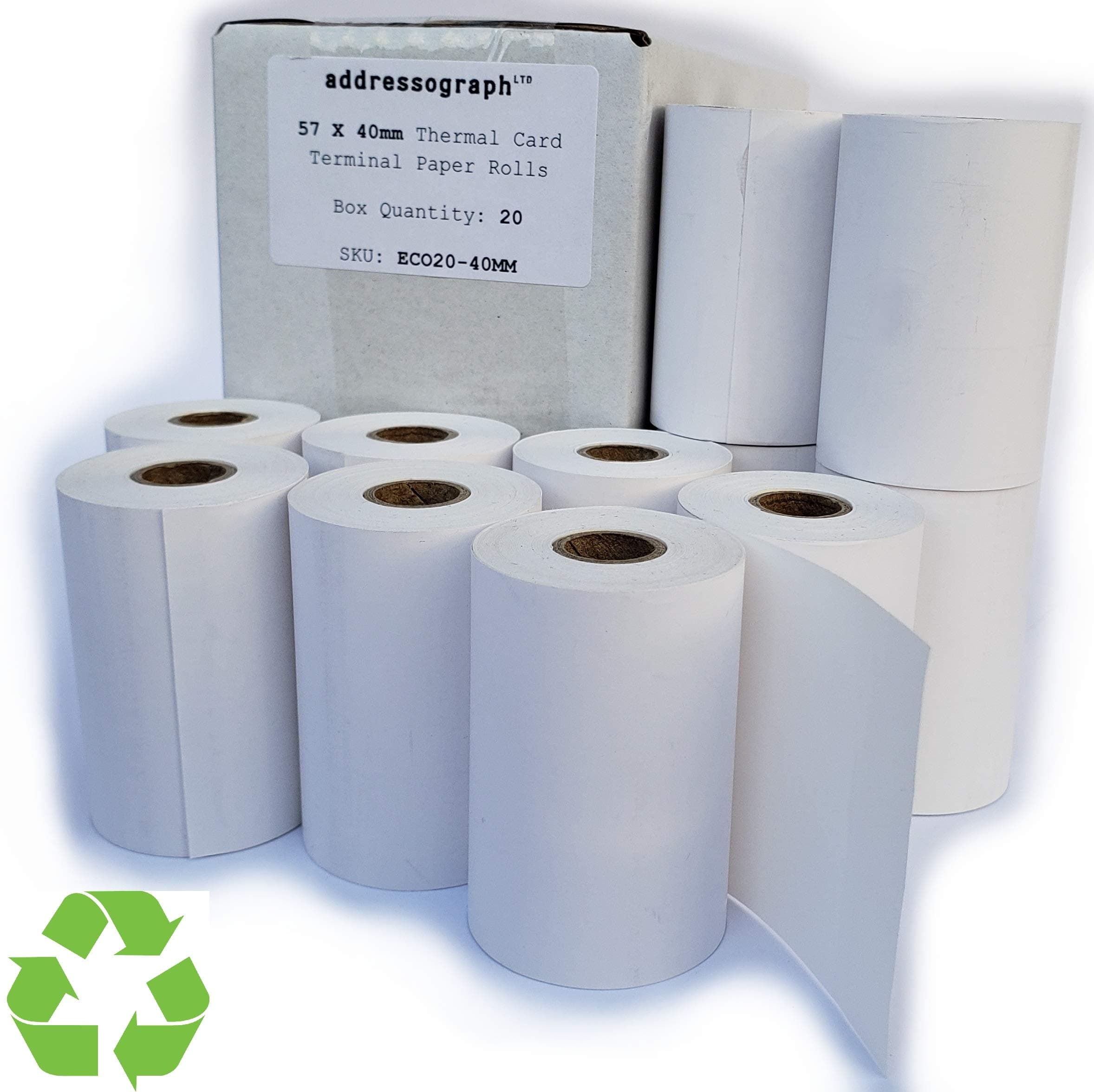Box of 20, 57 X 40 mm 100% Recyclable Plastic Free Universal Payment Card Terminal Receipt Paper Rolls by Addressograph™
