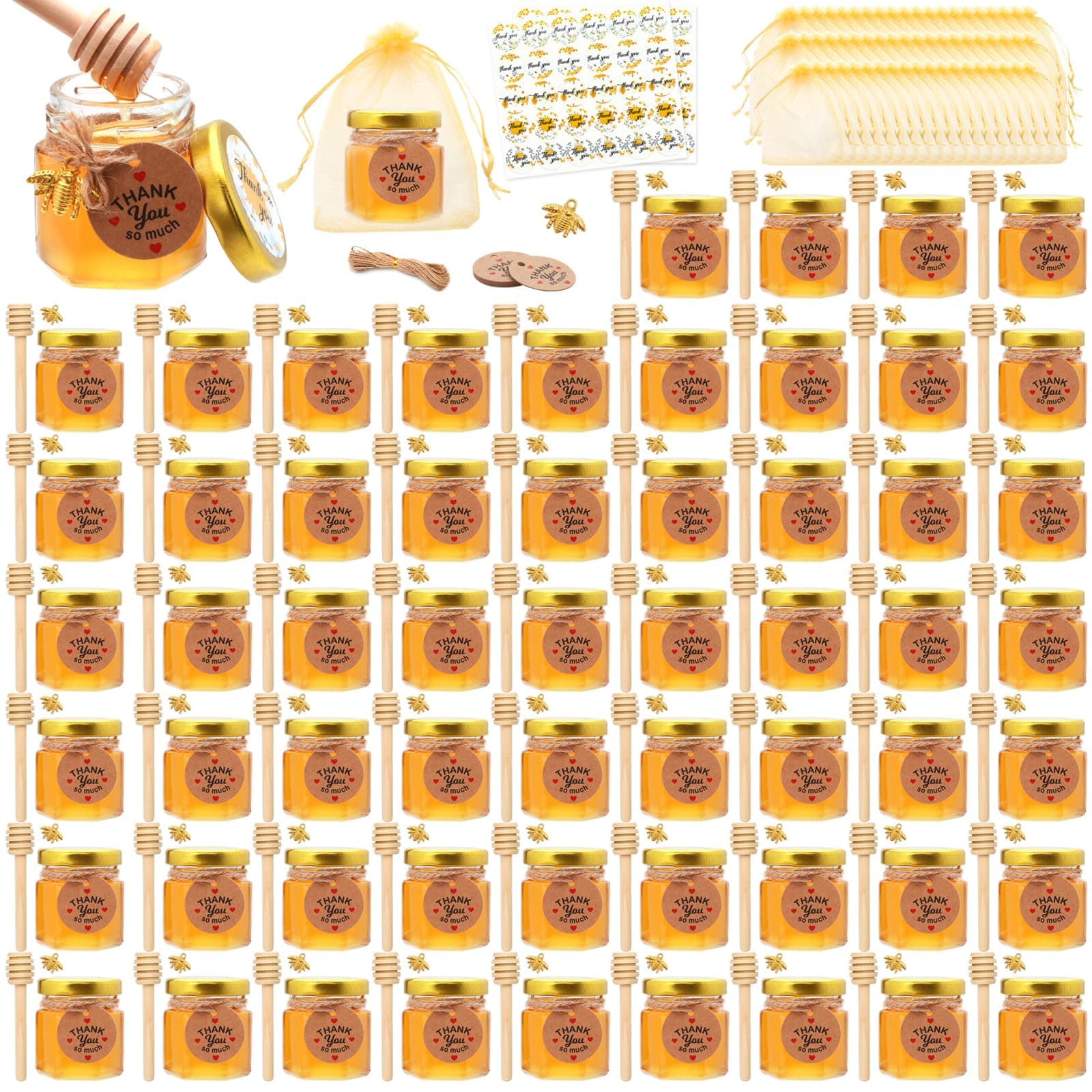 1.5 oz Mini Honey Jars,60 pack baby shower favors,There's honey sticks, bee pendants, stickers and gold goodie bags,Suitable for wedding party gifts