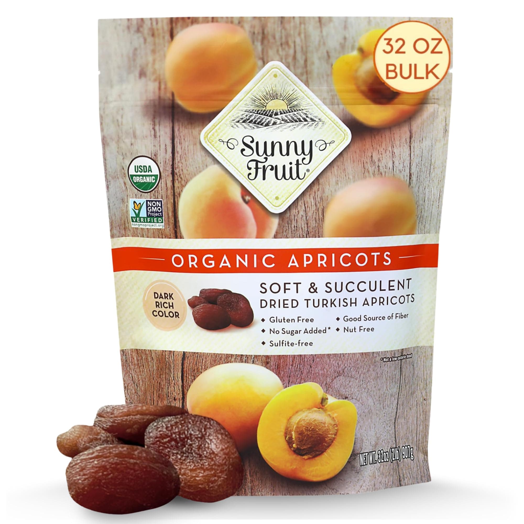 Sunny Fruit Soft Organic Turkish Dried Apricots, 2 Pound Bulk Bag | Healthy, Sweet Snack | ORGANIC, NON-GMO, VEGAN, HALAL, KOSHER, NO PRESERVATIVES, NO SUGAR ADDED