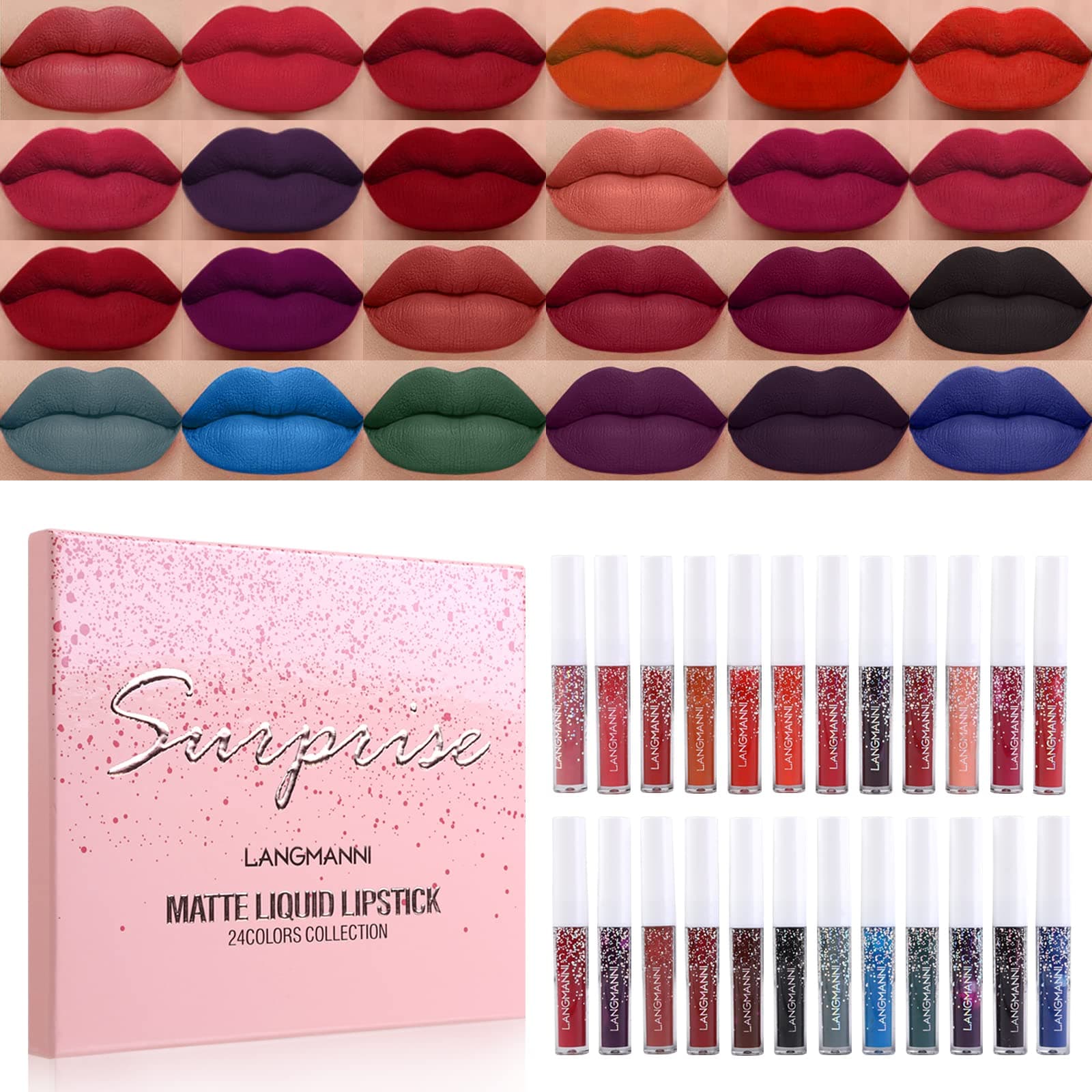 Luxsea Matte Liquid Lipstick Set 24 Colors Shining Lip Gloss Set Waterproof Long Lasting Lip Kit High Pigmented Moisturizing Lipstick Set for Women Girls