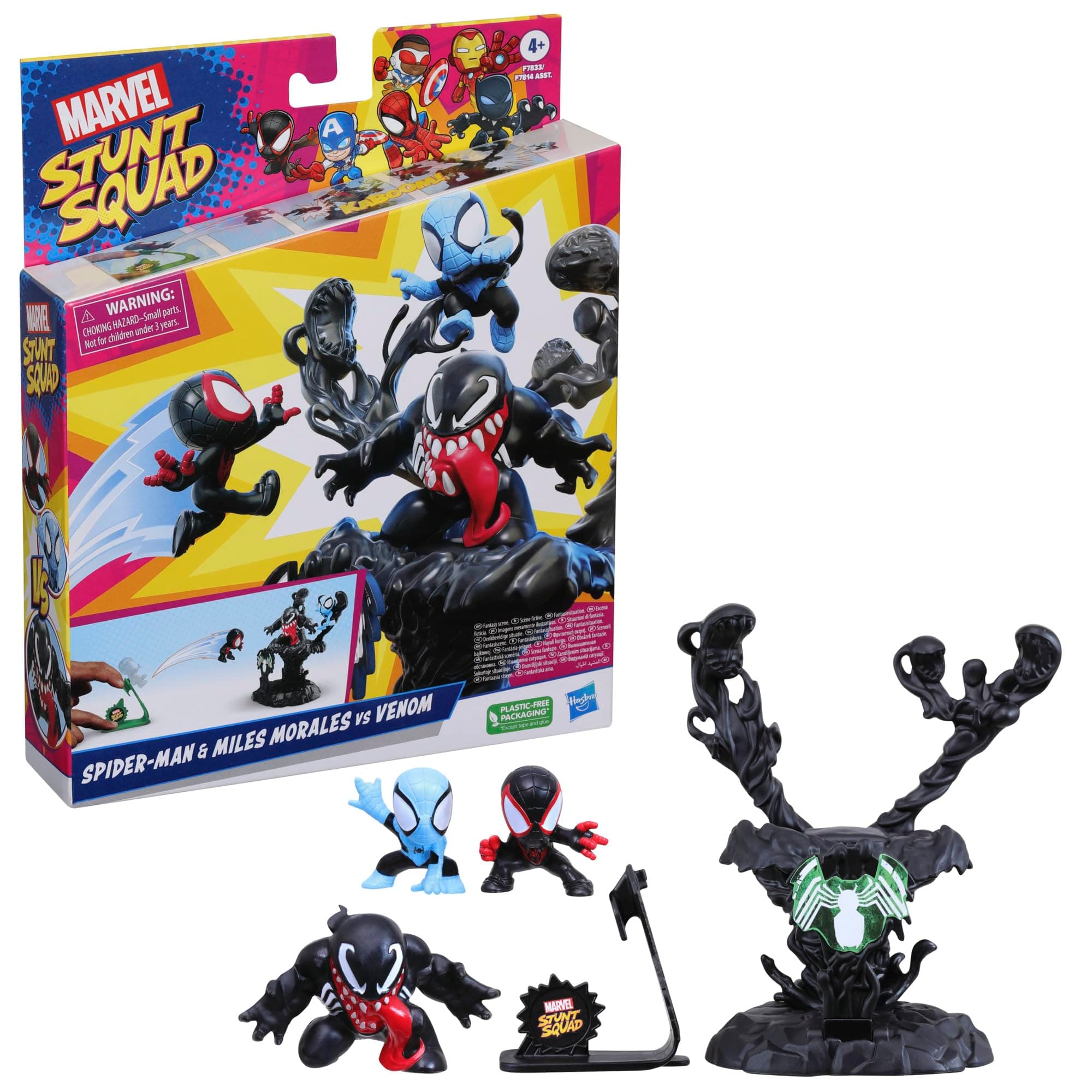 Stunt Squad Villain Knockdown Playset, Spider-Man and Miles Morales vs. Venom, 1.5-Inch Action Figures, Toys for Kids Ages 4 and Up