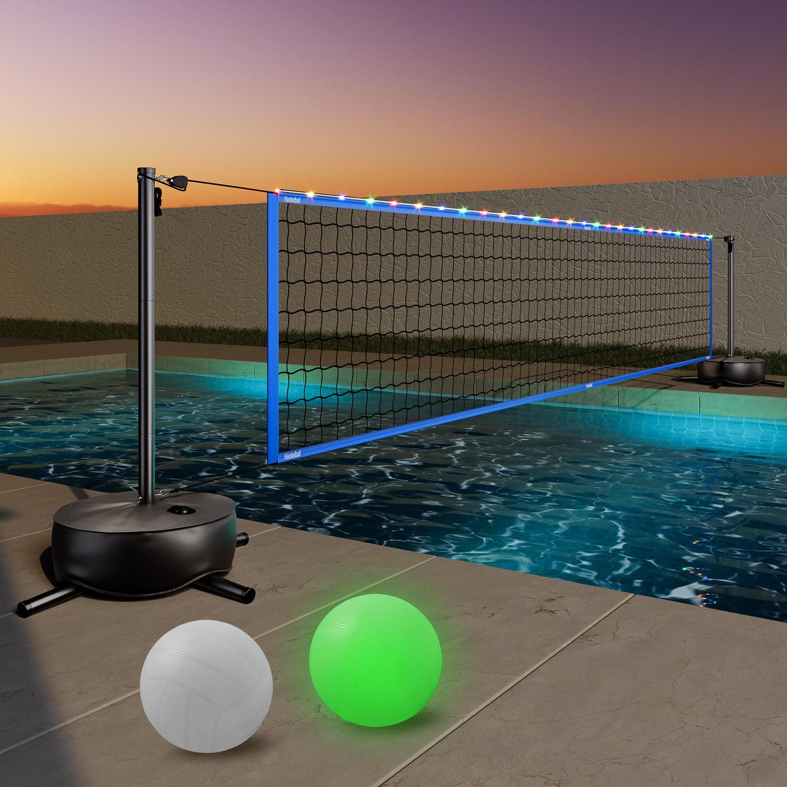 Haokelball Pool Volleyball Net Set with Light and Weighted Base 15ft-32ft Length Adjustable Portable Outdoor Volleyball Net for Pool with 2 Volleyballs and Pump