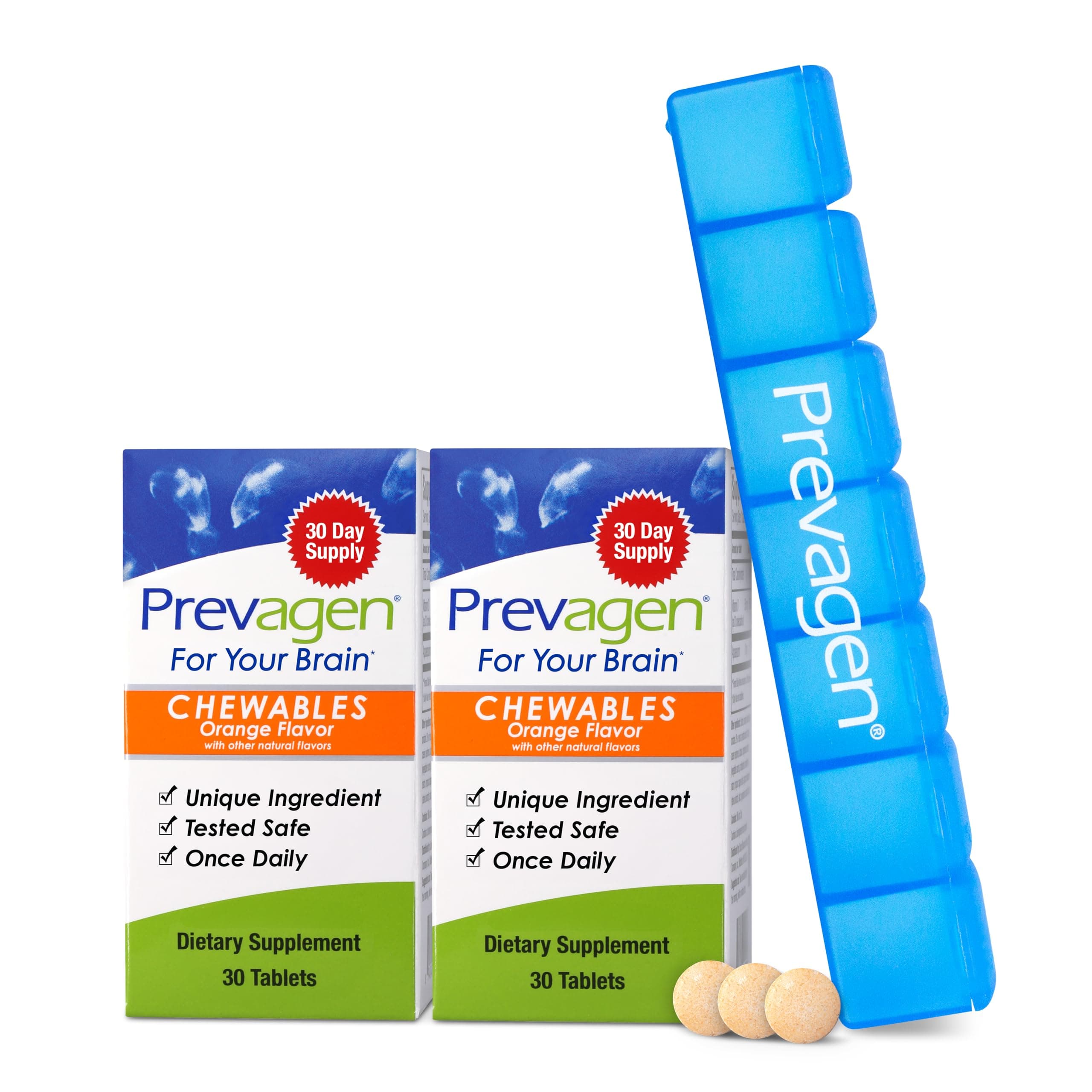 Prevagen Improves Memory - Regular Strength 10mg, 30 Chewables |Orange - 2 Pack| with Apoaequorin & Vitamin D & Prevagen 7-Day Pill Minder | Brain Supplement for Better Brain Health