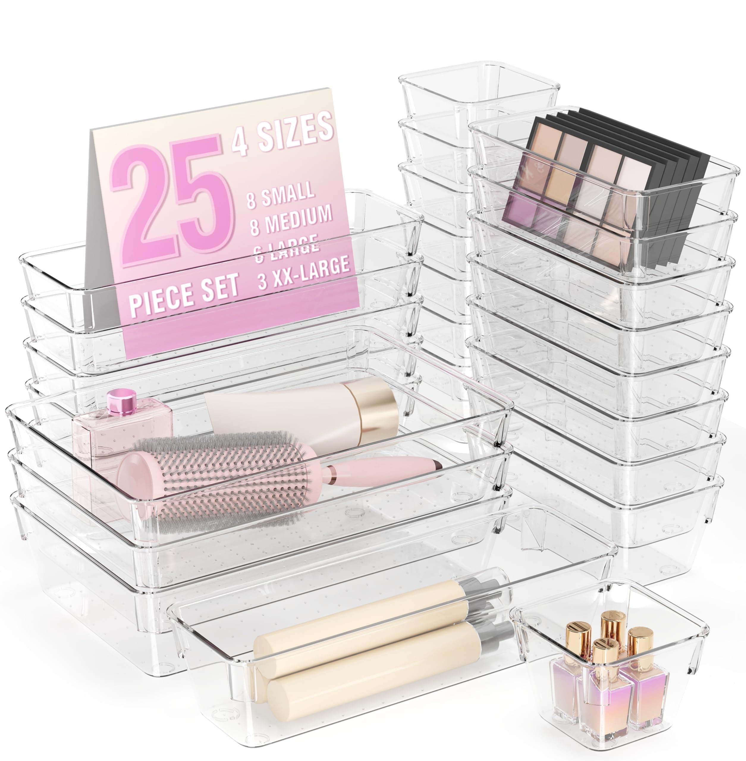 25 PCS Clear Plastic Drawer Organiser, Clothes Drawer Organisers, Storage Organiser for Makeup, Bathroom, Kitchen Utensils, Jewelries