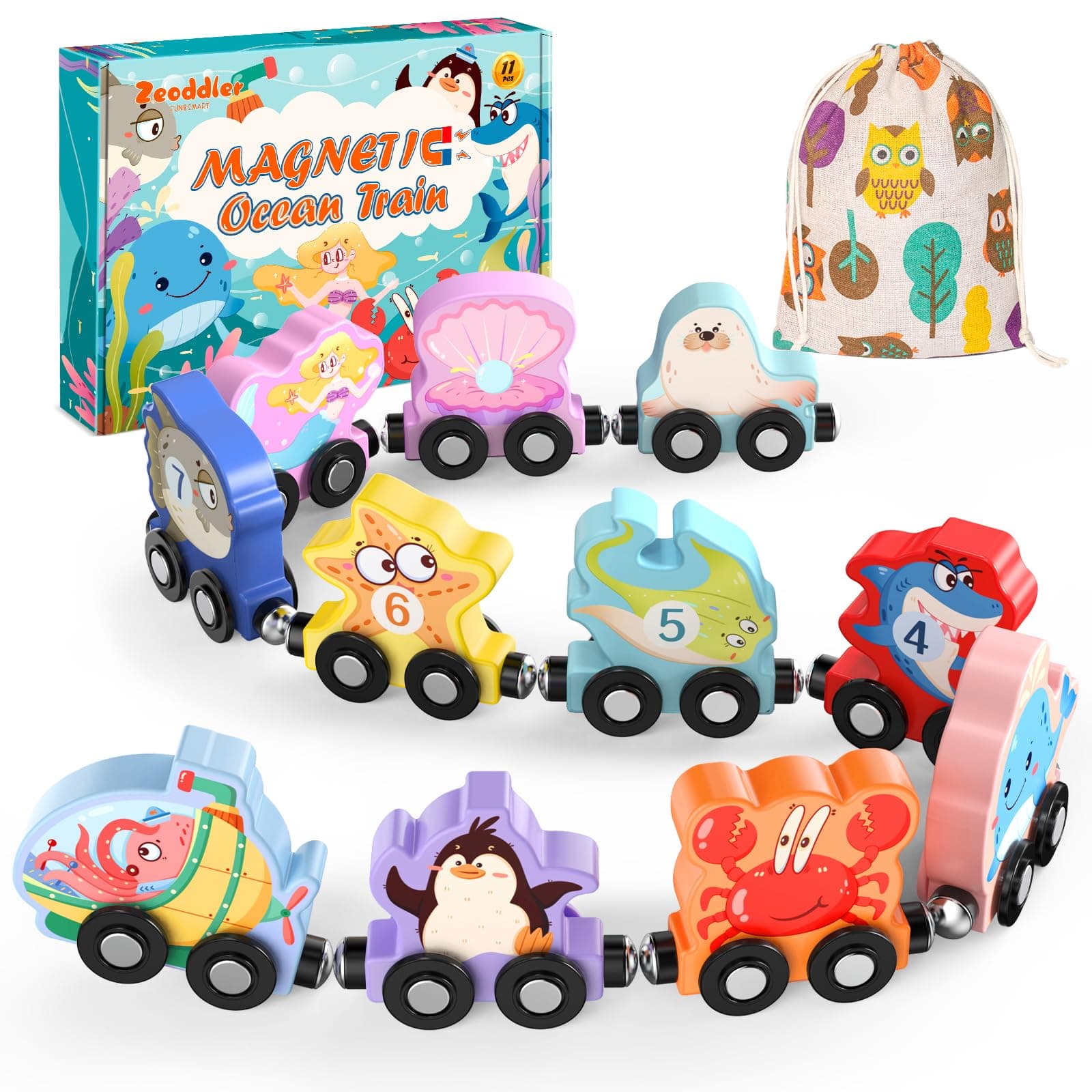 Toys for Toddlers, 11 Magnetic Wooden Sea Animals Train Set, Montessori Toys for Toddlers, Educational Activities for Kids, Birthday Gifts for Boys, Girls