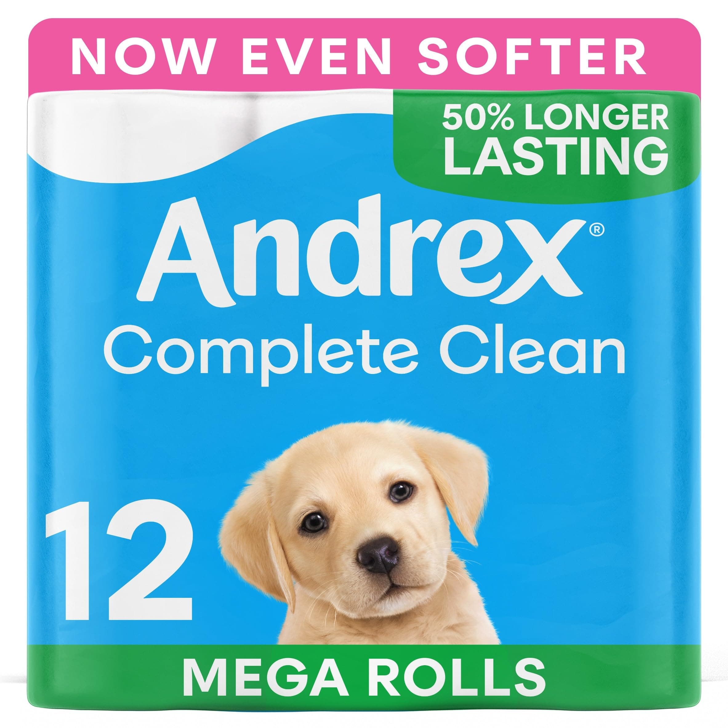 Andrex Complete Clean 12 Mega Toilet Rolls= 18 Standard Toilet Rolls, 50% Longer Lasting Paper with unique 3D Wave Texture for a Proven, Effective Clean, FSC Certified