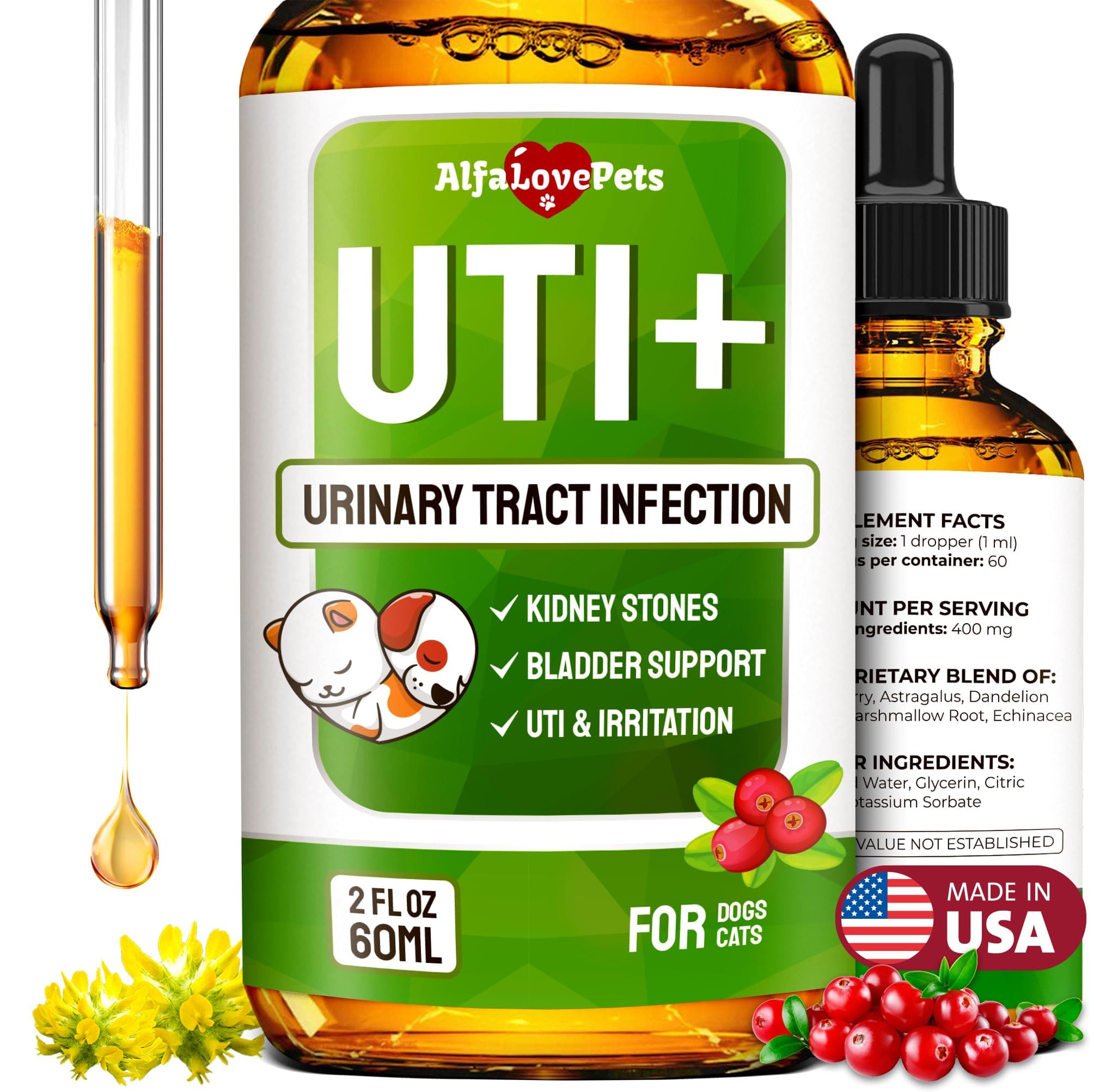 Cat UTI Treatment to Care for Kidneys and Bladder – Dog UTI Treatment for Pets of All Ages and Breeds – Urinary Tract Cat Safe Formula – Cranberry Supplement for Dogs & Other Pets – 2 Oz