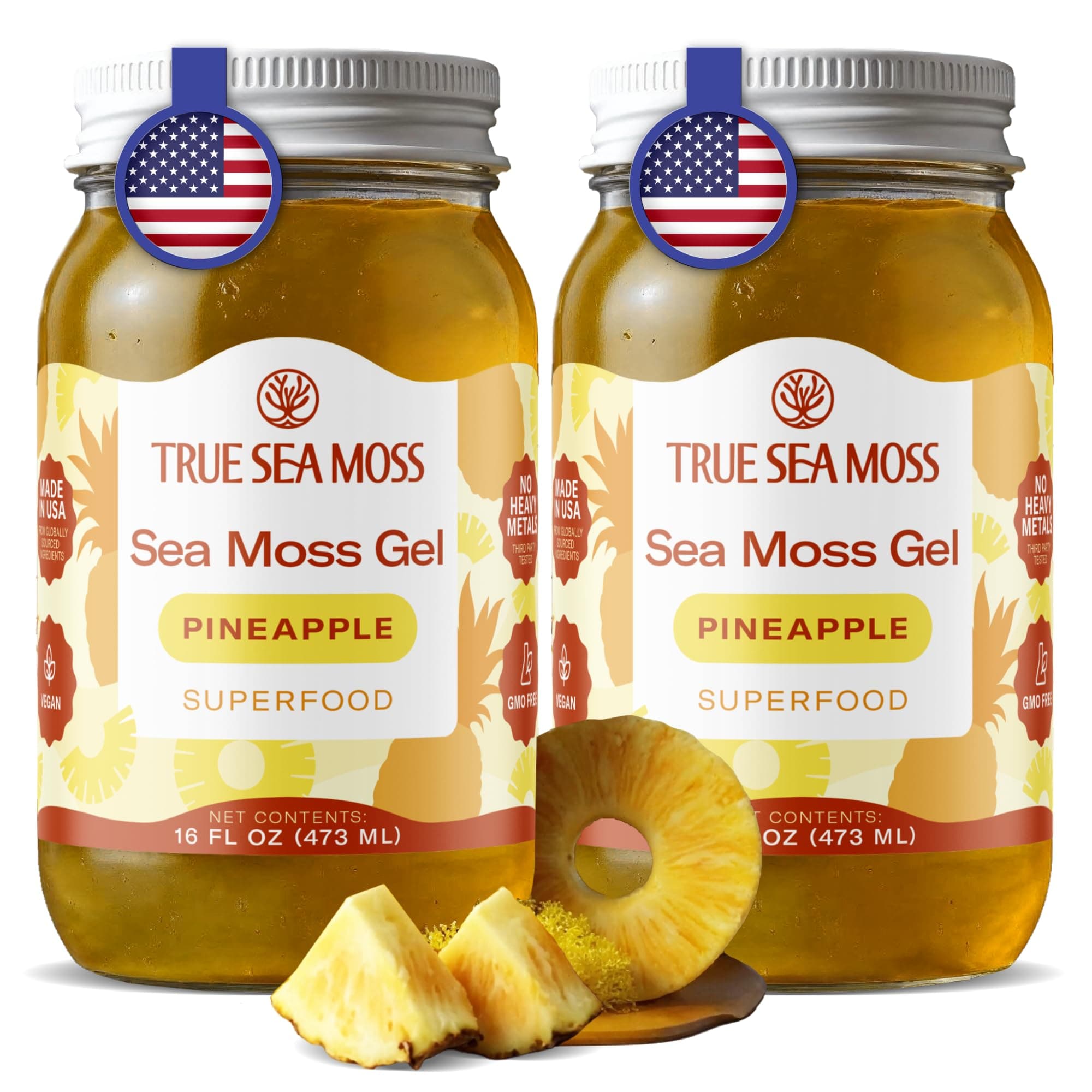 TrueSeaMoss Sea Moss Gel – Made in USA – Wildcrafted Seamoss, Fruits & Jarred Vegetables – Pineapple, Pack of 2 (Labels may Vary)