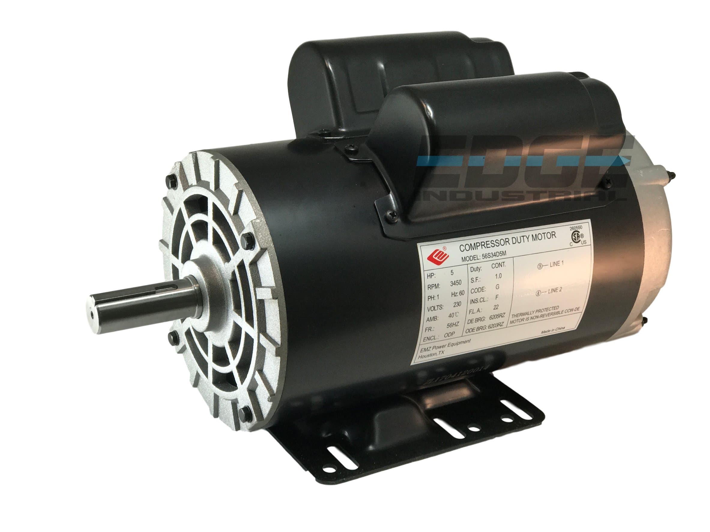 New 5HP Compressor Duty Electric Motor, 56HZ Frame, 3450 RPM, 7/8" Shaft Diameter, NEMA Rated Motor
