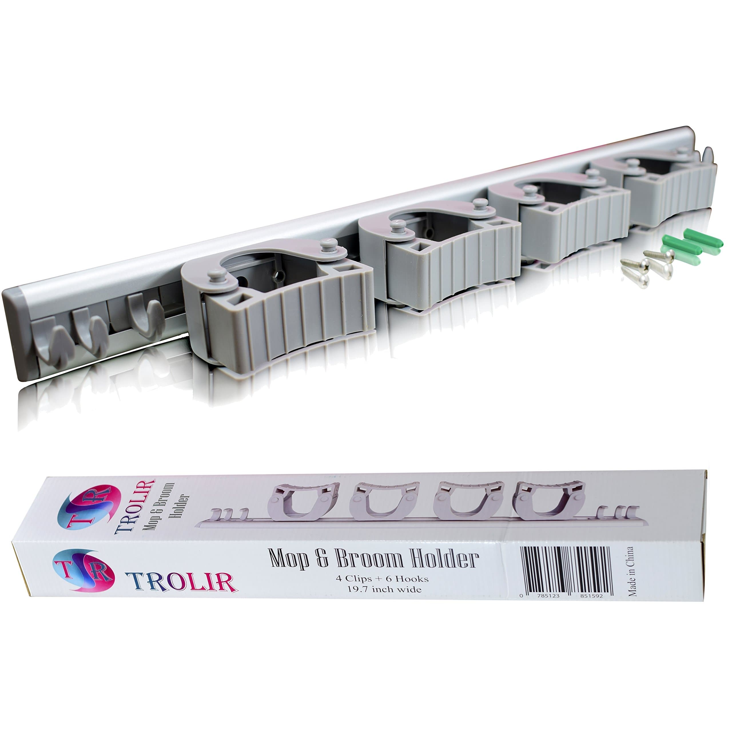 Not Yet Another Mop and Broom Holder, Clips Hold Everything Better Than Rollers, 4 Sliding Grippers and 6 Hooks, Extra Space in Between, Wall Mount on Aluminum Rack by 2 Screws Only, Hanger Organizer