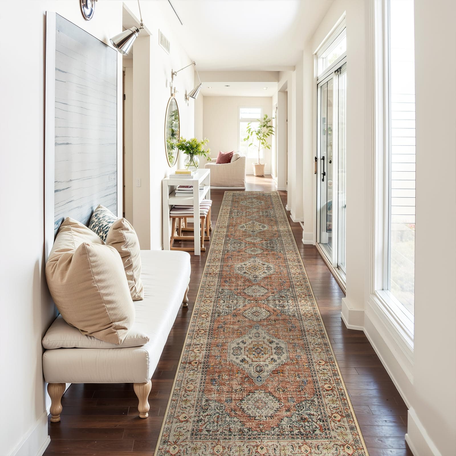 Lahome Oriental Kitchen Runners for Hallways, 2.5x12 Washable Runner Rug Non Slip, Soft Hallway Rug Distressed Ultra-Thin Long Carpet for Bathroom Entryway Bedroom Eleanor, Peach/Orange