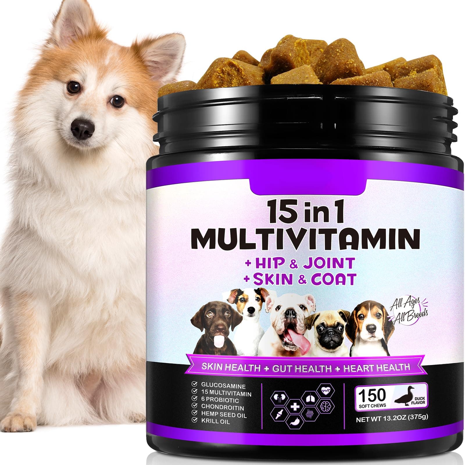 15-in-1 Dog Multivitamin Supplements with Glucosamine & Probiotics,Natural Daily Vitamins Chews for Dogs,Pet Health Support-Skin-Immunity-Gut Digestion-Joint-Heart,150 Pcs-Duck Flavor