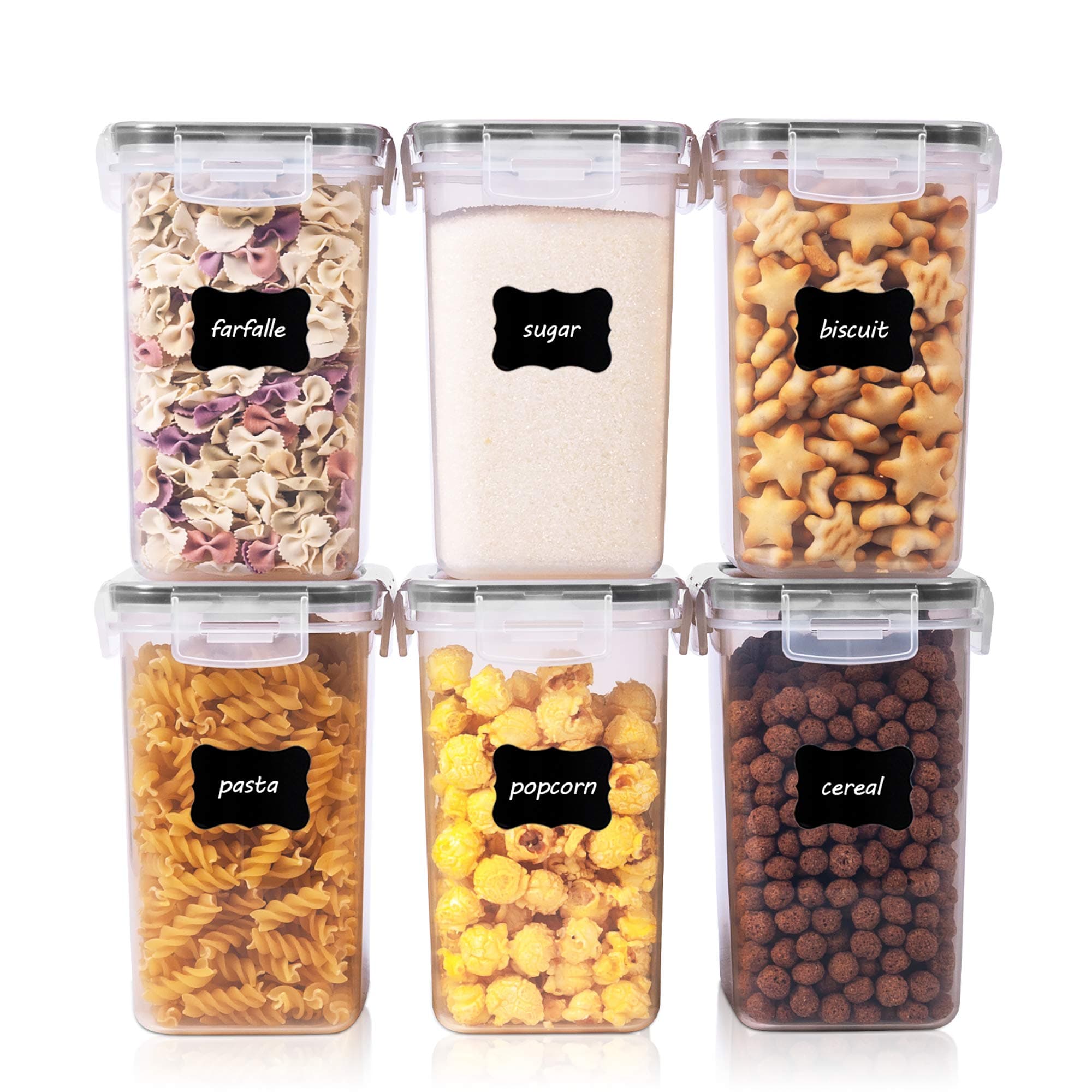 Vtopmart 1.6L Cereal Containers for Storage,Plastic BPA Free Kitchen Pantry Flour Storage,Dry Food Keepers,Set of 6 with 24 Labels (Black)