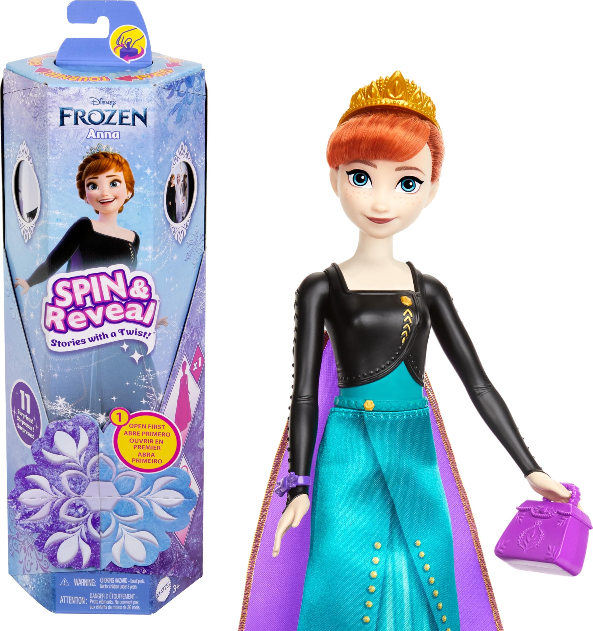 Disney Frozen Anna Fashion Doll Set, Spin & Reveal with 11 Surprises Including 5 Accessories, 5 Stickers & Play Scene, Inspired by the Movie