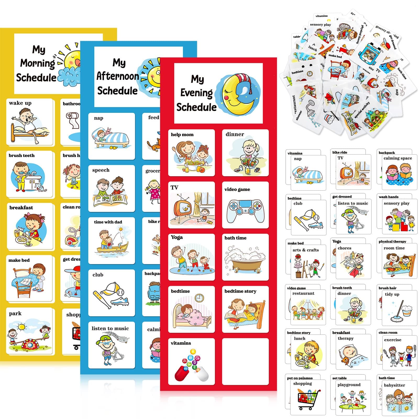 60 Pieces Daily Visual Schedule for Kids Visual Wall Planner Chore Chart 3 Charts with 65 Pieces Hook and Loop Dots for Kids and Adults Autism, Speech Delays