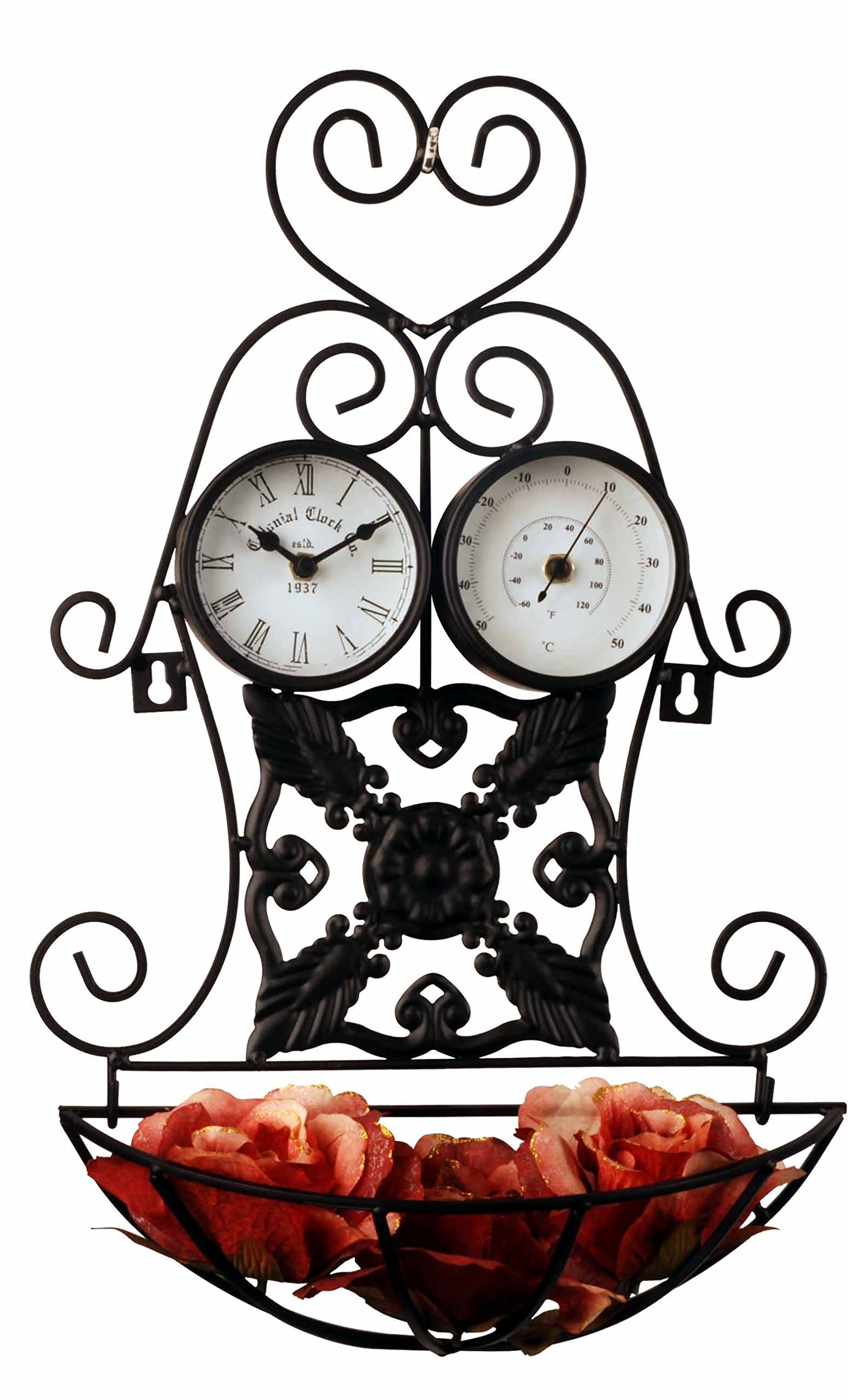 Tinas Collection WALL CLOCK WITH THERMOMETER AND FLOWER HOLDER CAST IRON WEATHER STATION INDOOR AND OUTDOOR the different design