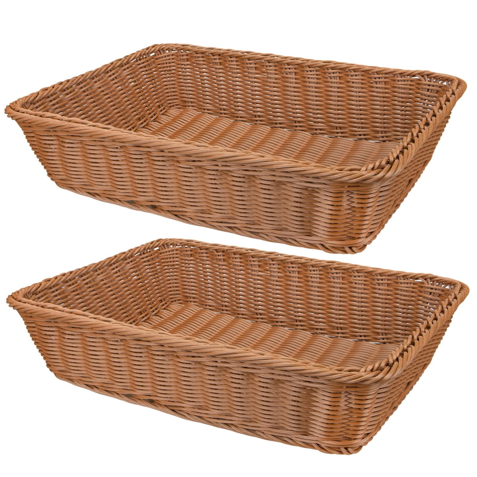 Yarlung 2 Pack Poly Wicker Woven Bread Basket, 16 Inch/40.5cm Rectangular Fruit Baskets Food Serving Holders for Vegetables, Home, Kitchen, Restaurant, Outdoor, Imitation Rattan Brown