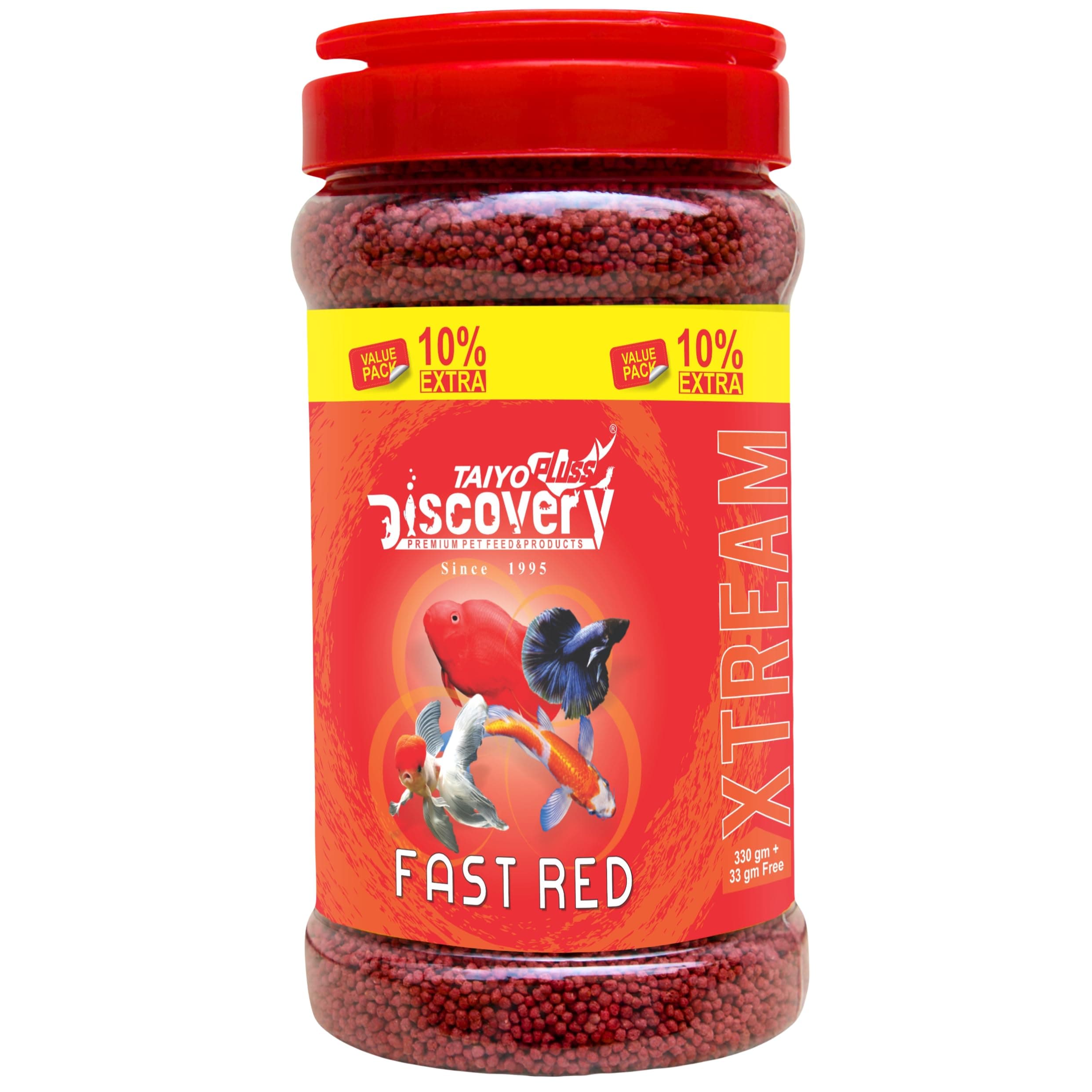 Taiyo Pluss Discovery Xtream Fast Red Fish Food - 363 g (330 g + Extra 10% Free) (Pack of 1) | Tropical Fish Feed Fish Meal & Shrimp Meal for Growth, Colour & Strength