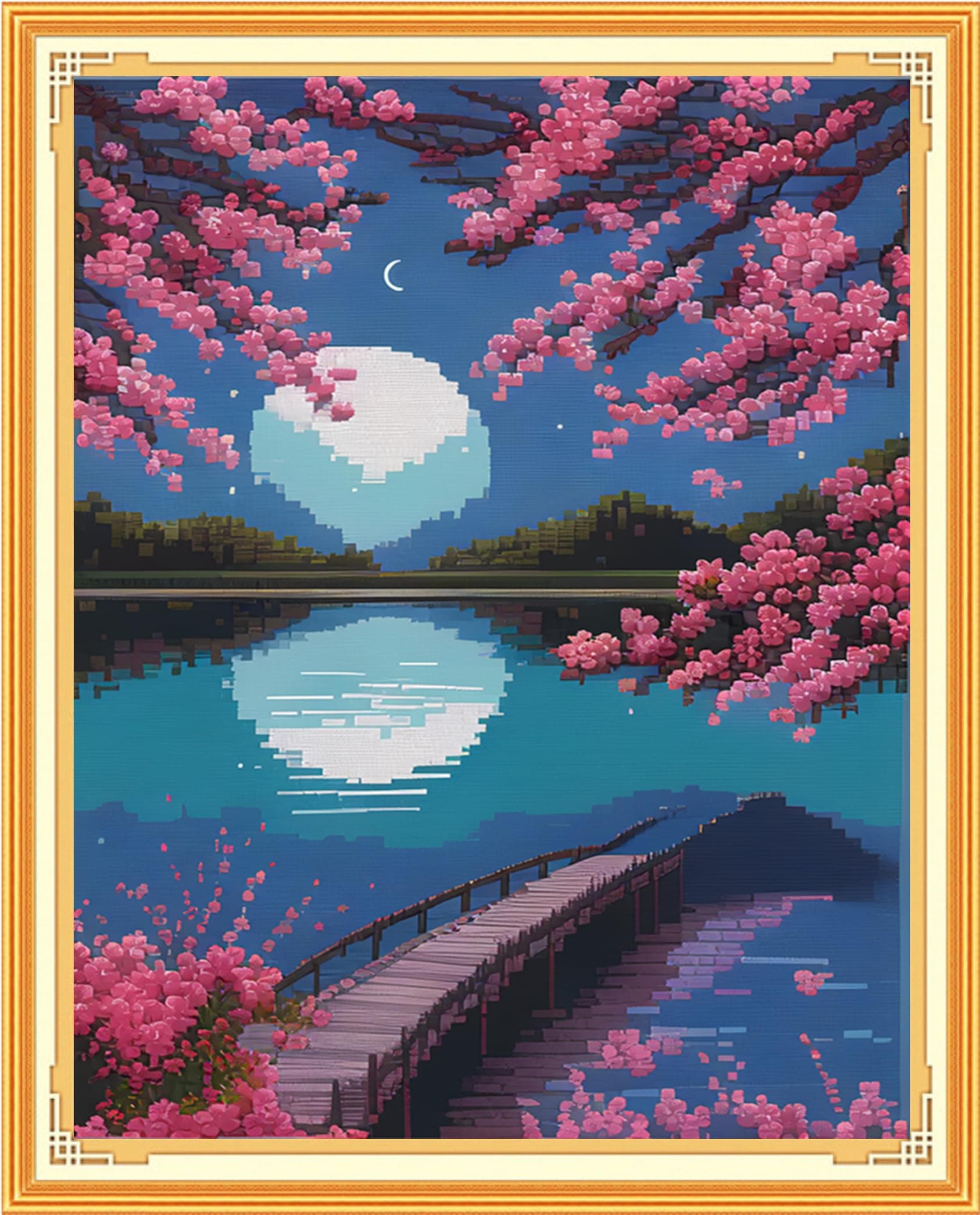 Findvoor Stamped Cross Stitch Kits for Beginners Full Range of Cross Stitching Embroidery Pattern for Adults, 11CT DIY Needlepoint Embroidery Starter Kits-Moonlight Blossoms 15.7x19.7 inch