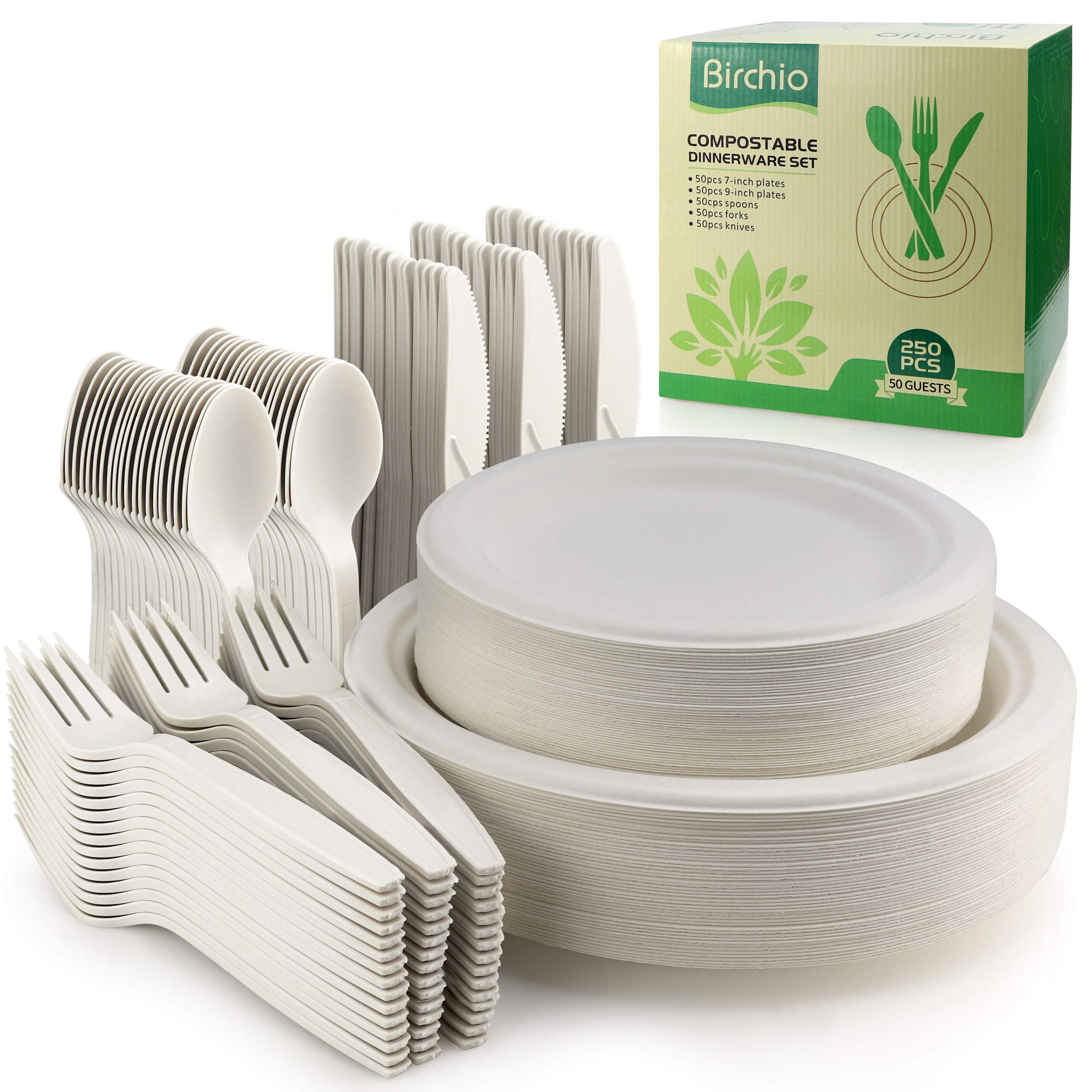 250 Piece Biodegradable Paper Plates Set (EXTRA LONG UTENSILS), Disposable Dinnerware Set, Eco Friendly Compostable Plates & Utensil include Plates, Forks, Knives and Spoons for Party