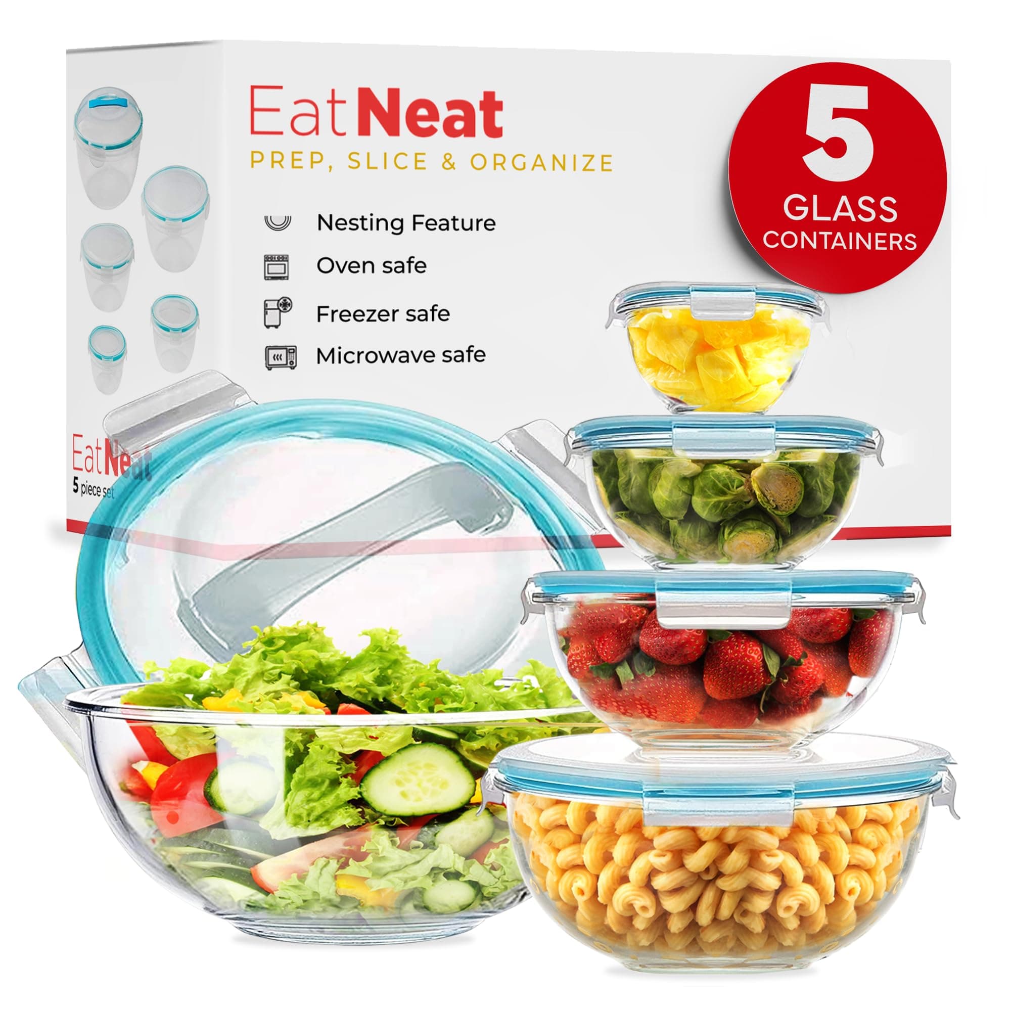 EatNeat 5‑Piece Glass Food Storage Bowl Set with Locking Lids – Airtight, Nesting, Stackable Bowls – Oven, Microwave Safe – Great Gift for Meal Prep, Salads, Leftovers, Baking & Cooking