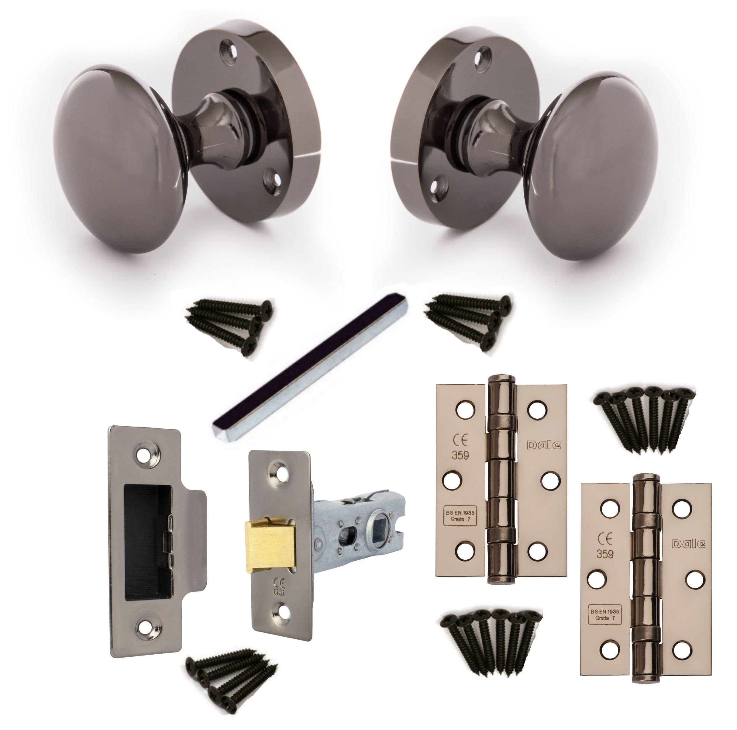 Black Nickel Mortice Mushroom Door Knob Set Fully Sprung +2 1/2" Latch & 3" BB Hinges