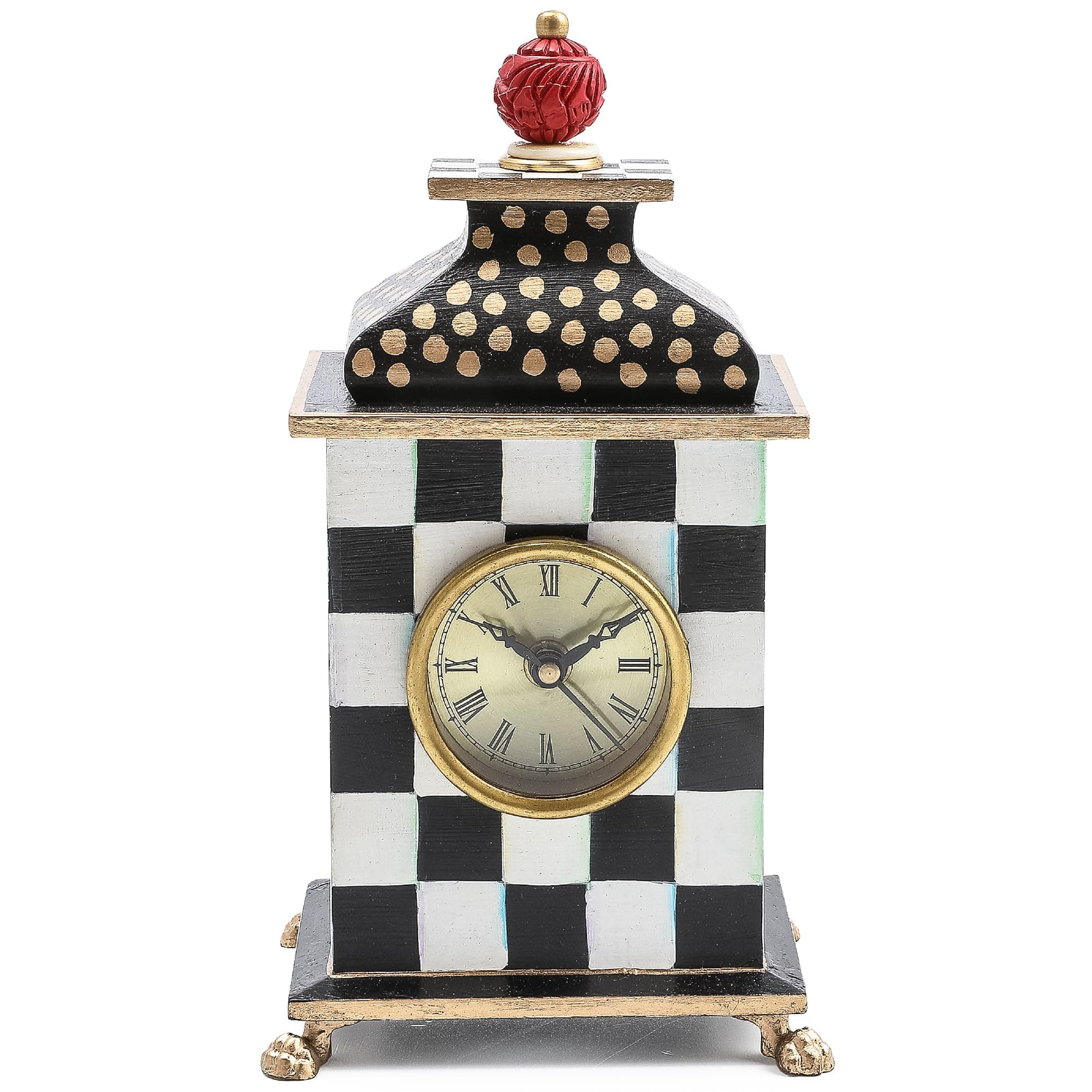Desk Clock, Decorative Wood Clock for Kitchen and Living Room, Black-and-White Courtly Check