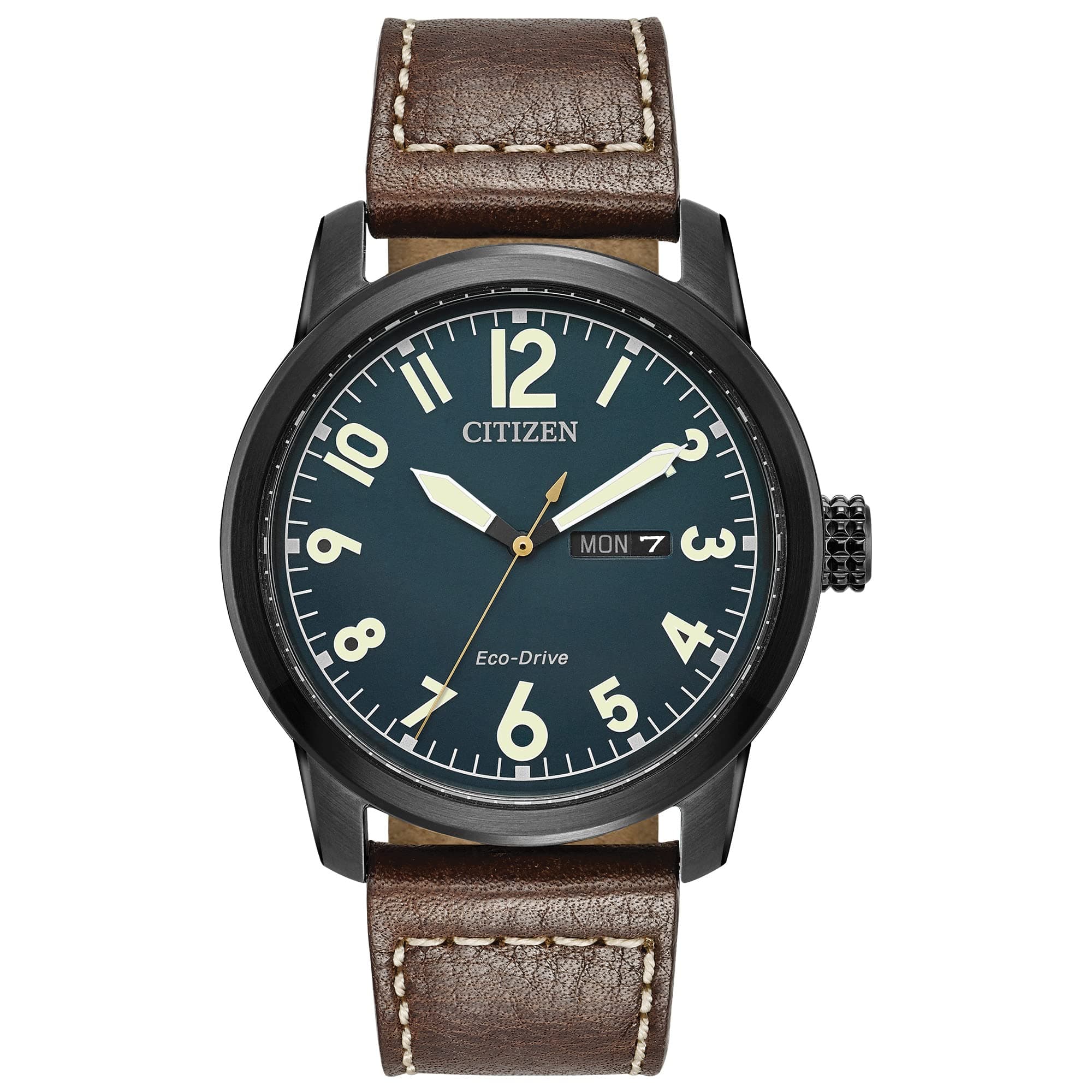 Men's Eco-Drive Weekender Garrison Field Watch in Black Ion Plating Stainless Steel with Brown Leather Strap, Navy Dial (Model: BM8478-01L)