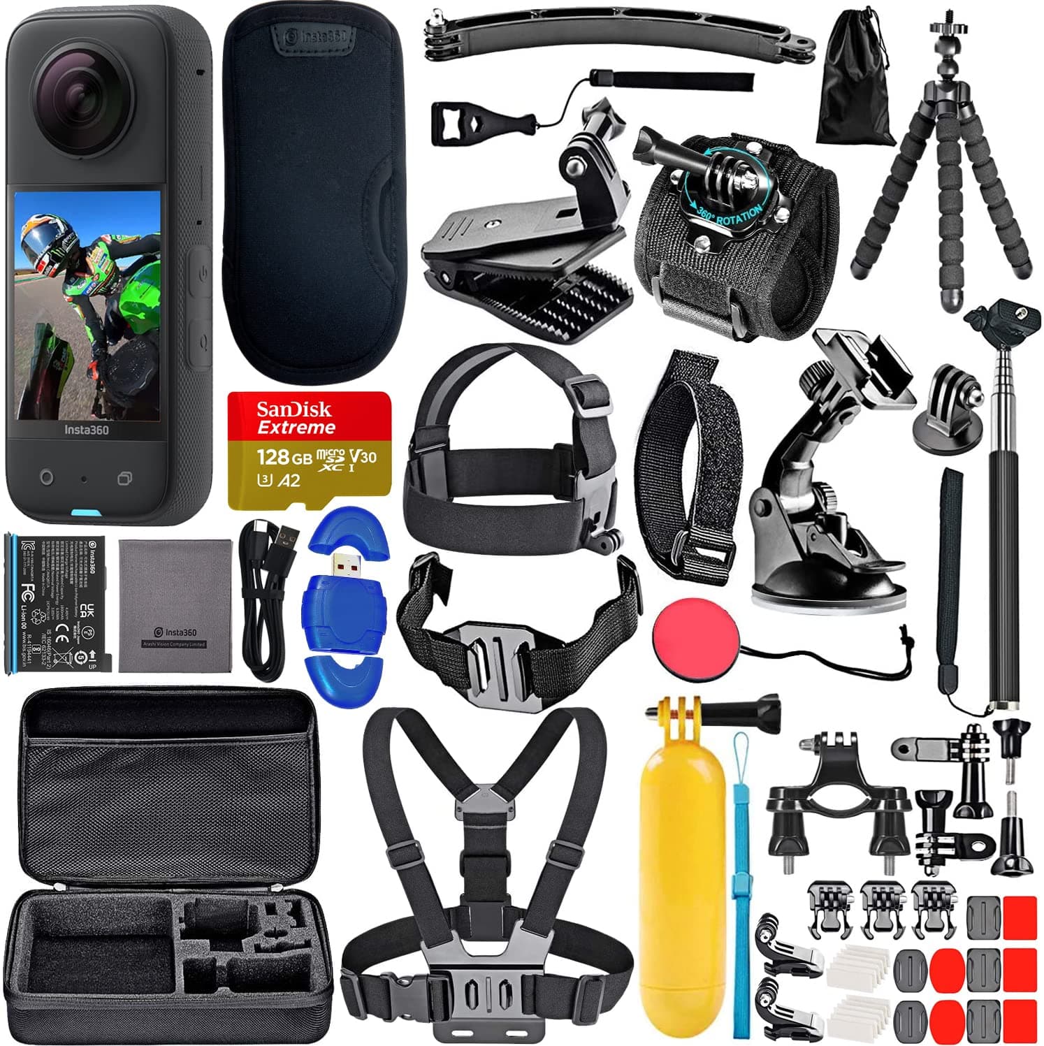Insta360 X3 - Waterproof 360 Action Camera | 48MP Sensors | 5.7K HDR Video | 72MP 360 Photo Bundle with SanDisk Extreme 128GB Memory, High Speed Card Reader + 50 Piece Insta 360 Accessory Kit