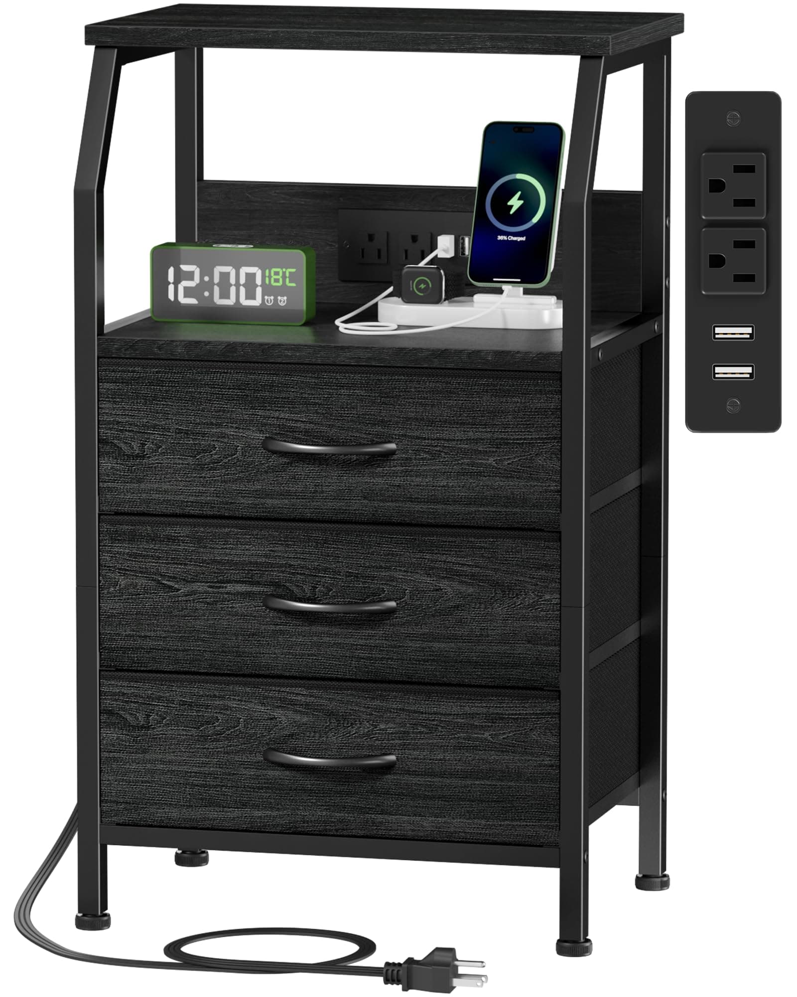 Furnulem Night Stand with Charging Station, 28.3 Inch Tall Side Table with Fabric Drawers and Storage Shelf, Bedside Table with USB Ports & Outlets, Nightstand for Bedroom, 3 Ways to Use, Black Oak