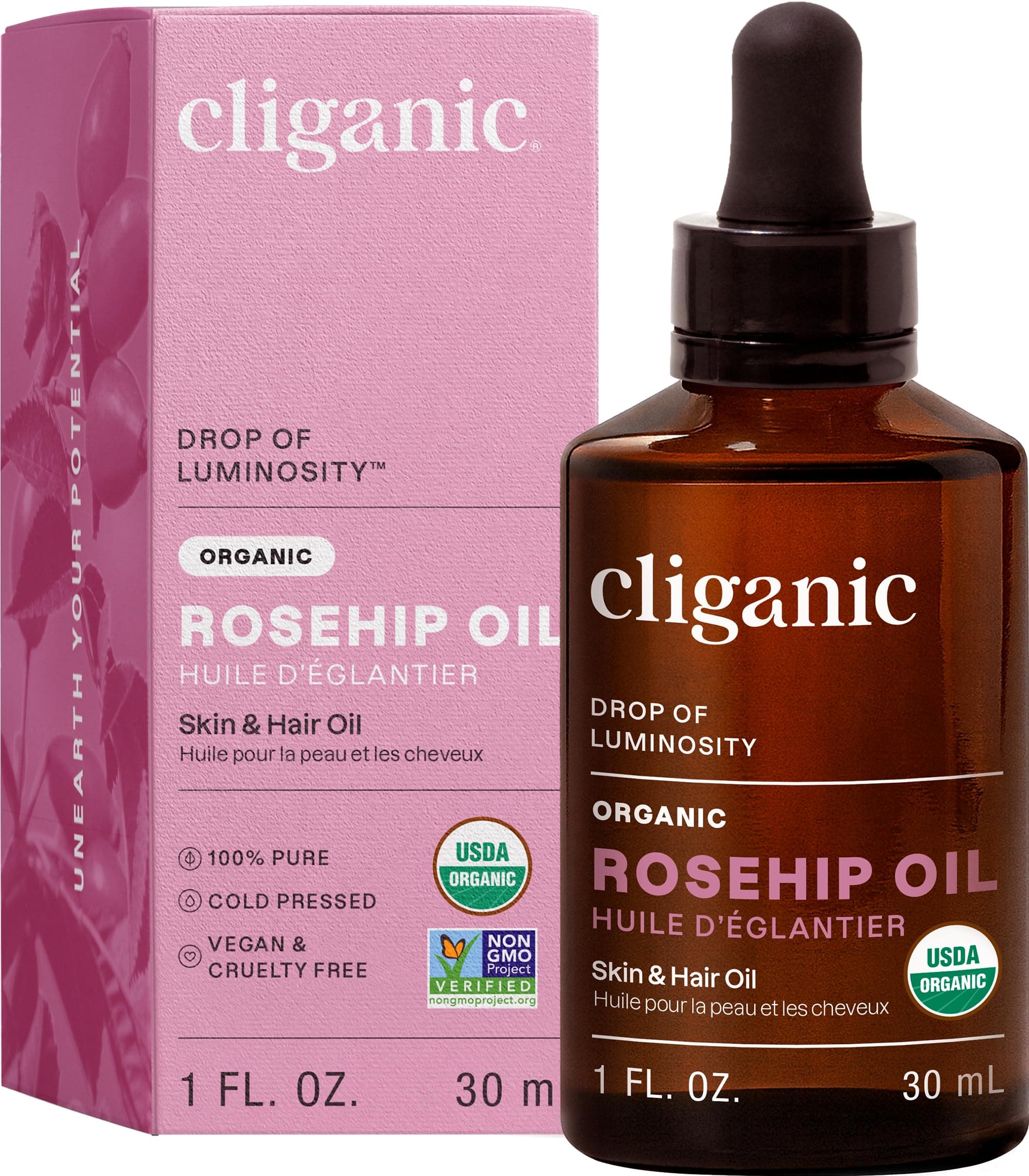 Cliganic USDA Organic Rosehip Seed Oil for Face, 100% Pure | Natural Cold Pressed Unrefined Hexane-Free | Base Carrier Oil for Skin, Hair & Nails | Certified Organic, 1oz | Cliganic 90 Days Warranty