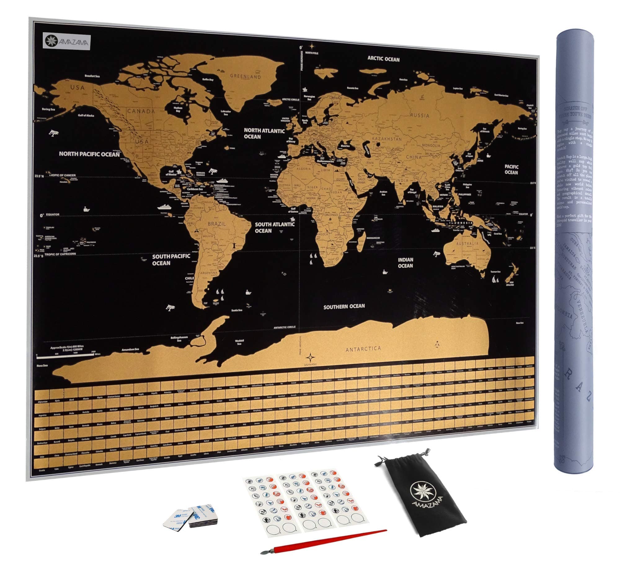 Scratch Off World Map with Flags XXL Poster 82 x 59 cm – Ideal gift for travelers | TOP paper quality and cartographic accuracy. FREE accessories – Scratch pen | Memory stickers | Black pocket