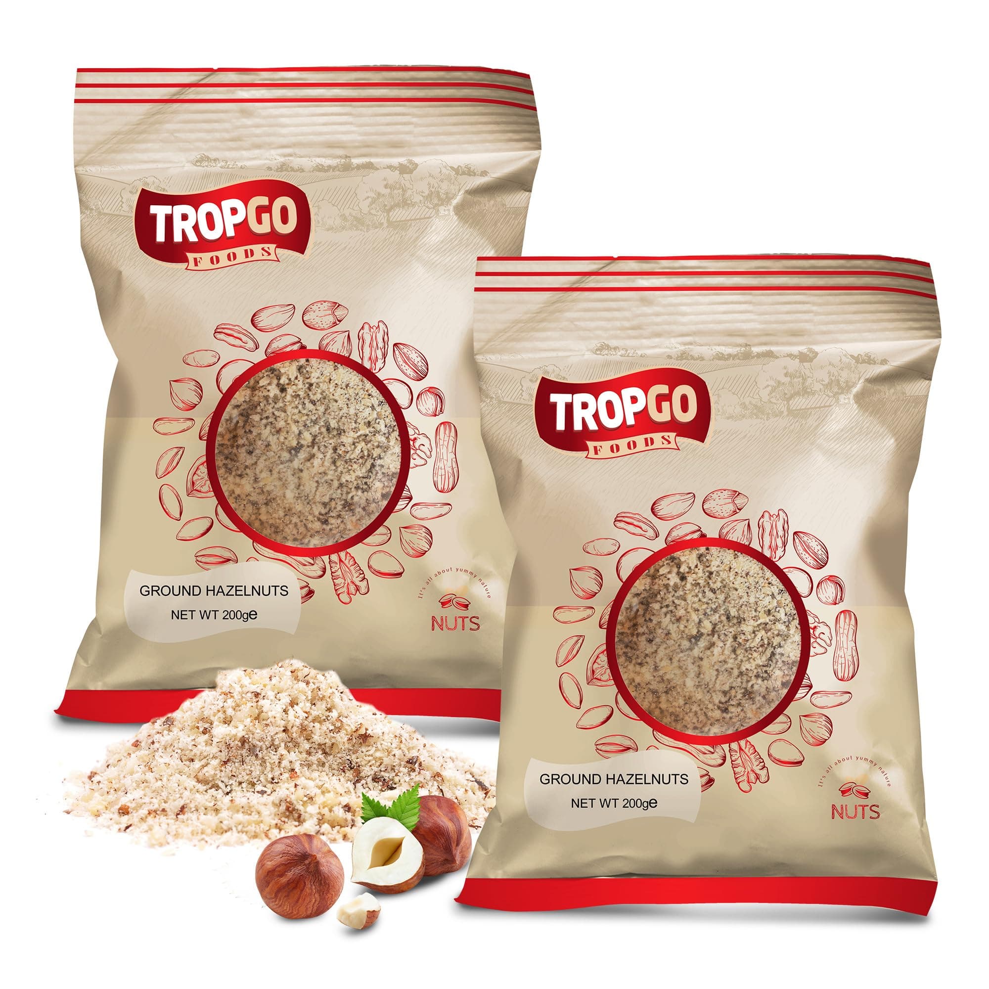 Tropgo Ground Hazelnuts 2 x 200g - Premium Hazelnuts in Resealable Bag - Healthy Snacks with Fibre, Protein, and Minerals - Kosher Hazelnuts Ideal for Cooking & Baking