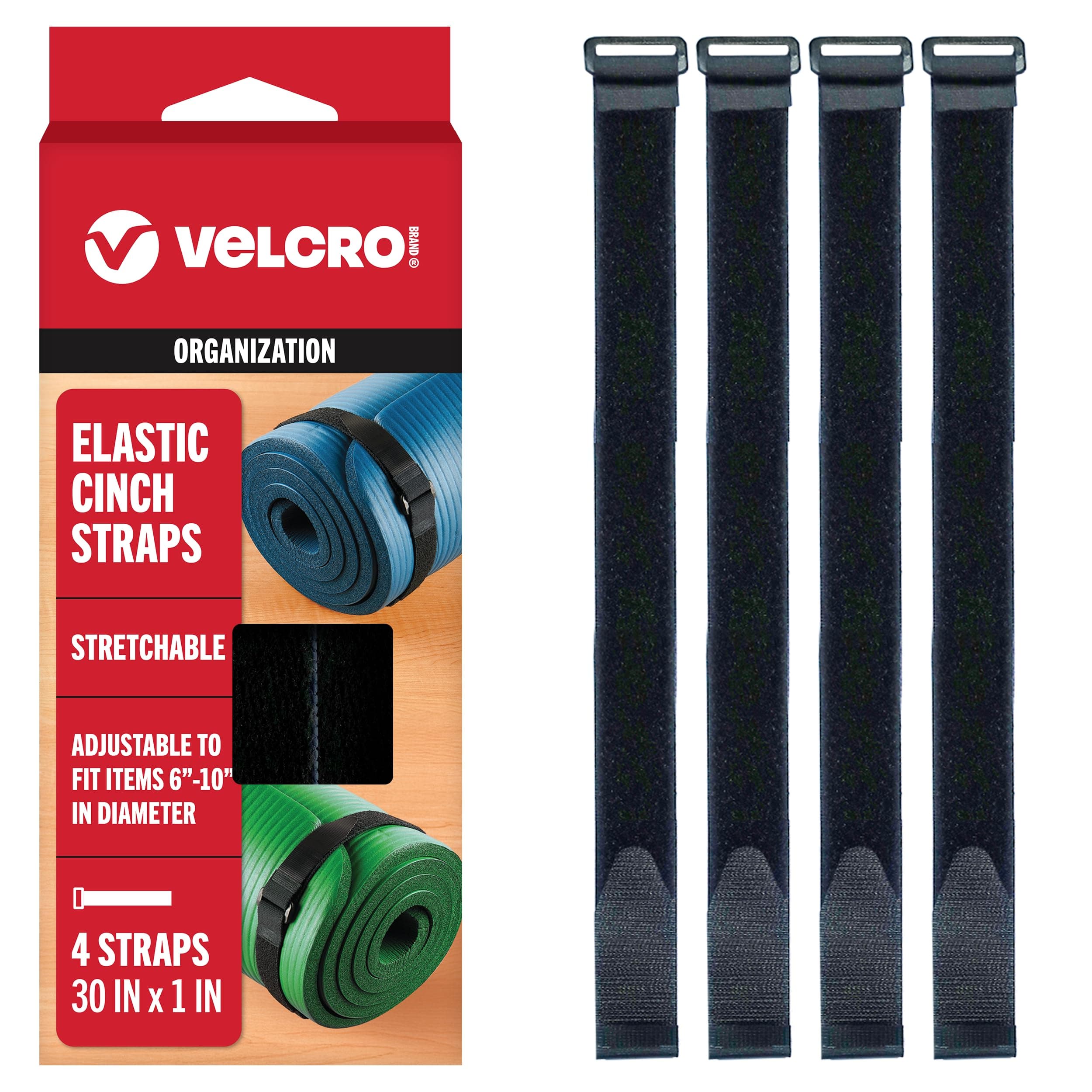 VELCRO Brand 30 Inch Elastic Straps 4 Pack | Stretchable and Adjustable for Snug Fit | Fasten Outdoor Umbrellas, Wood, Tarps, Blankets, Poles, More | Cinch with Buckle, Black 30x1