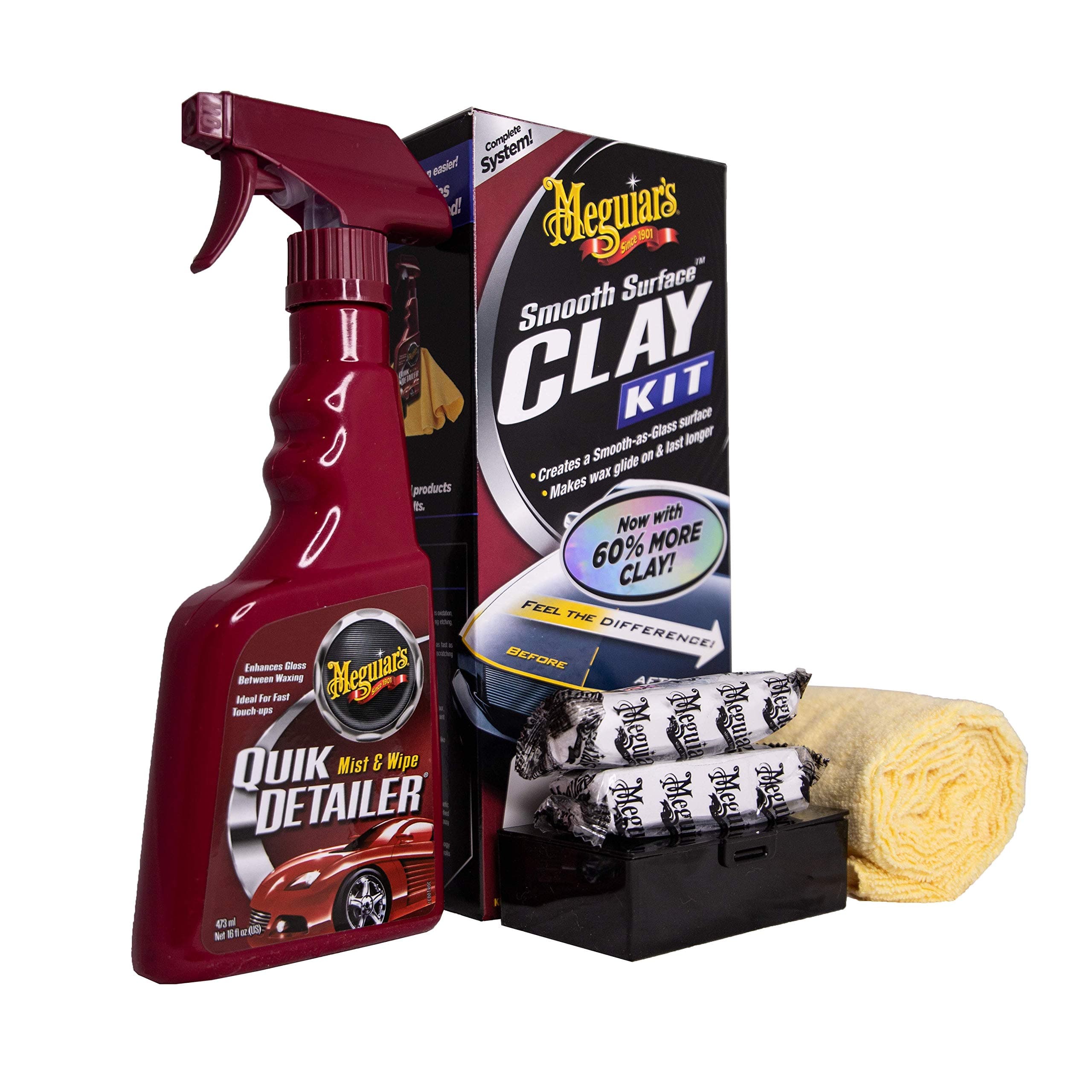 Meguiar's G1016EU Smooth Surface Clay Bar Kit with 180g of clay, 473ml Detailer and a microfibre towel: to safely remove surface bonded contaminants such as tar, tree sap, overspray and industrial fallout