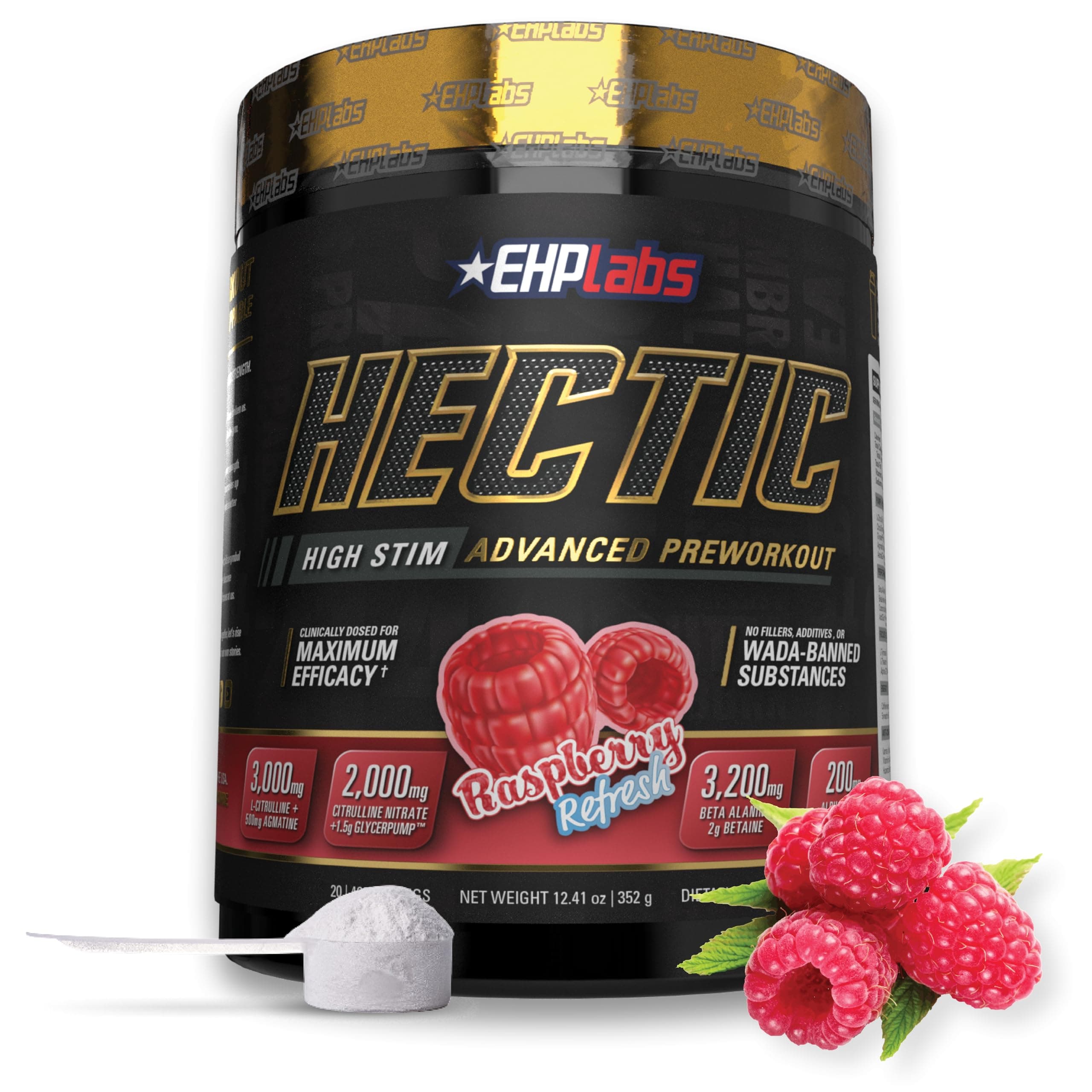 EHP Labs Hectic PreWorkout - High Stim Advanced Pre Workout Powder for Max Performance - Caffeine, Beta Alanine, Coconut Water - Energy, Pump, Recovery & Hydration - 40 Serves (Raspberry Refresh)