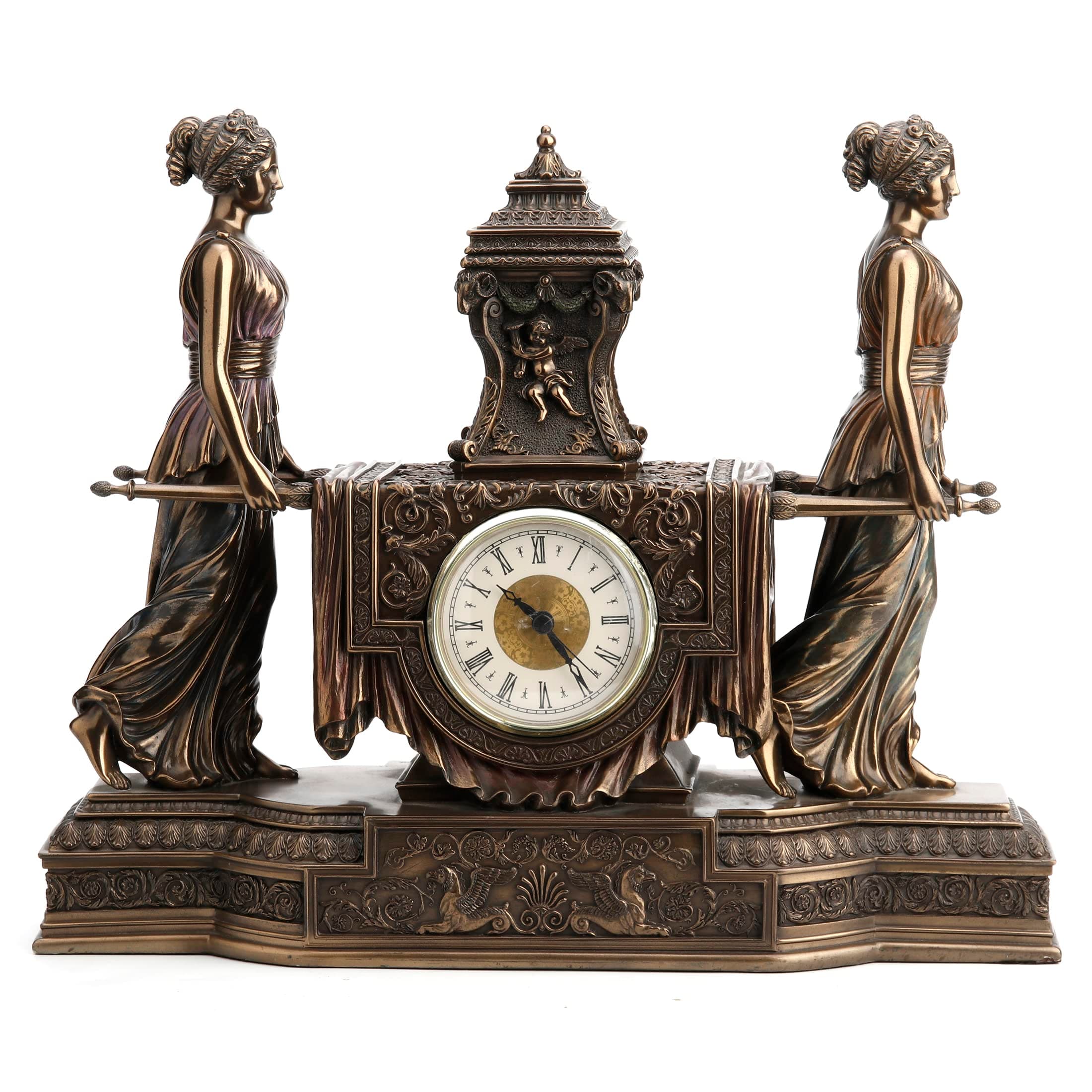 12 Inch Tall Versailles Maidens Mantel Clock Resin Sculpture Bronze Finish