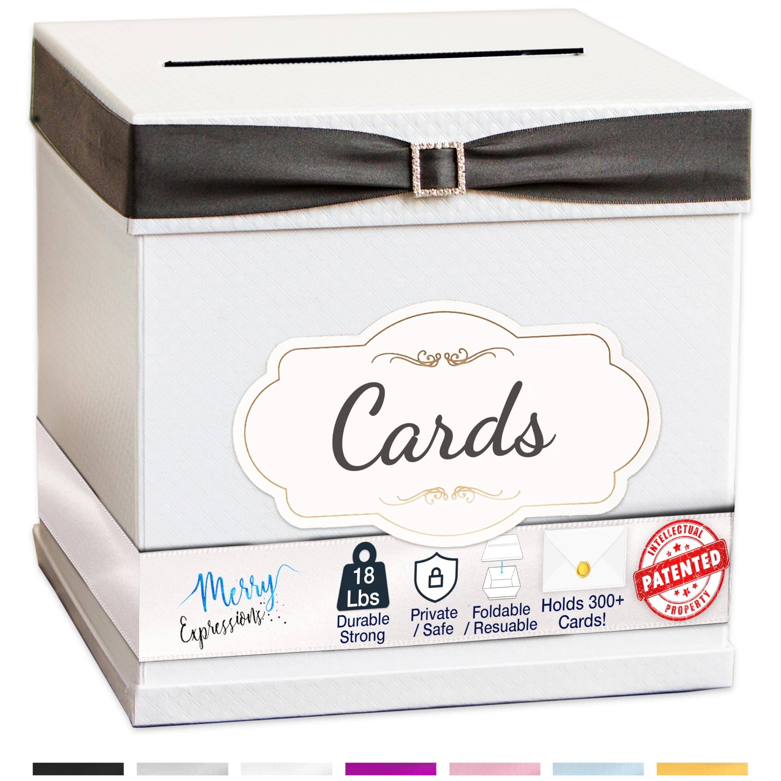 Merry Expressions White Wedding Card Box for Party with 7 Ribbons, Gift Card Box Holder For Birthday, Graduation, Reception, Sweet 16, Bridal or Baby Shower Party Large 10"x10"x10" inches
